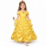 Belle yellow ruched satin costume dress with crown, heart wand and gloves, worn by a child.