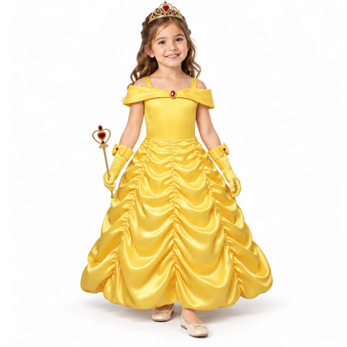 Belle yellow ruched satin costume dress with crown, heart wand and gloves, worn by a child.