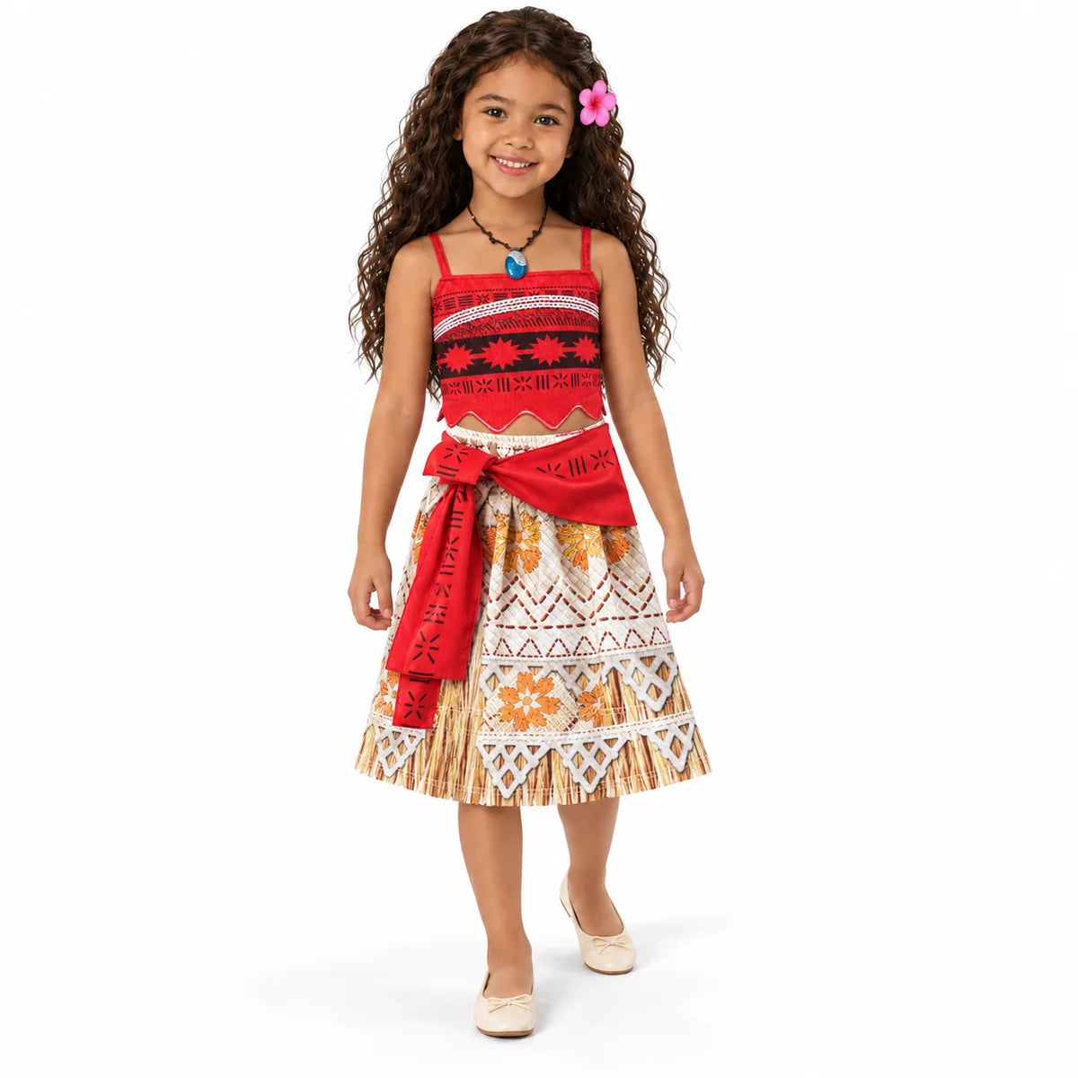 Moana red top and printed skirt costume with curly wig, blue pendant necklace and pink flower clip, worn by a child.