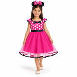 Minnie Mouse hot pink polka-dot costume dress with black bow and layered sheer skirt, with matching mouse-ear headband.