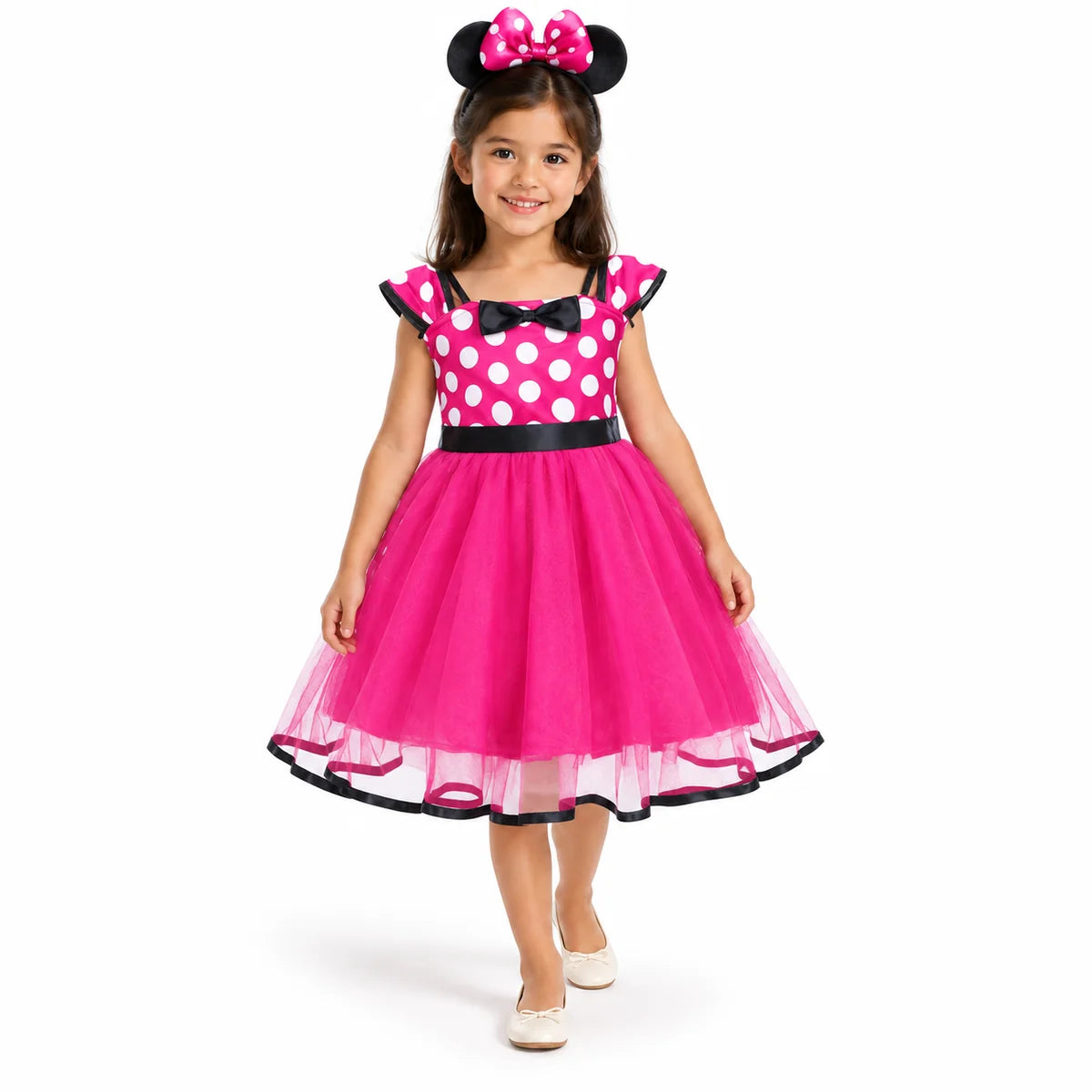 Minnie Mouse hot pink polka-dot costume dress with black bow and layered sheer skirt, with matching mouse-ear headband.