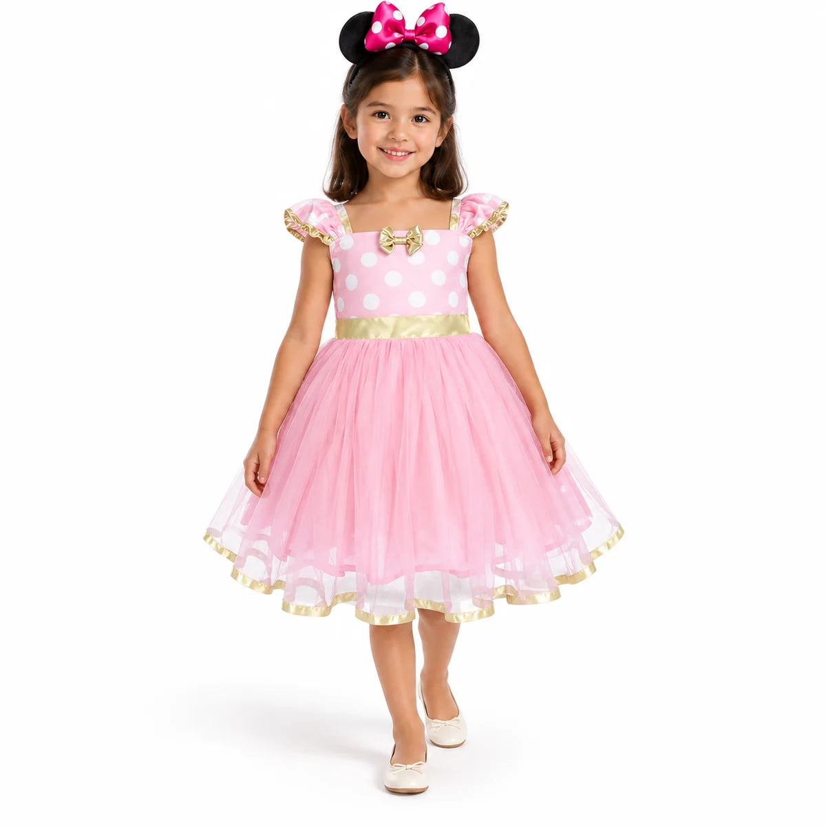 Minnie Mouse pale pink polka-dot costume dress with gold trim and layered sheer skirt, with mouse-ear headband.