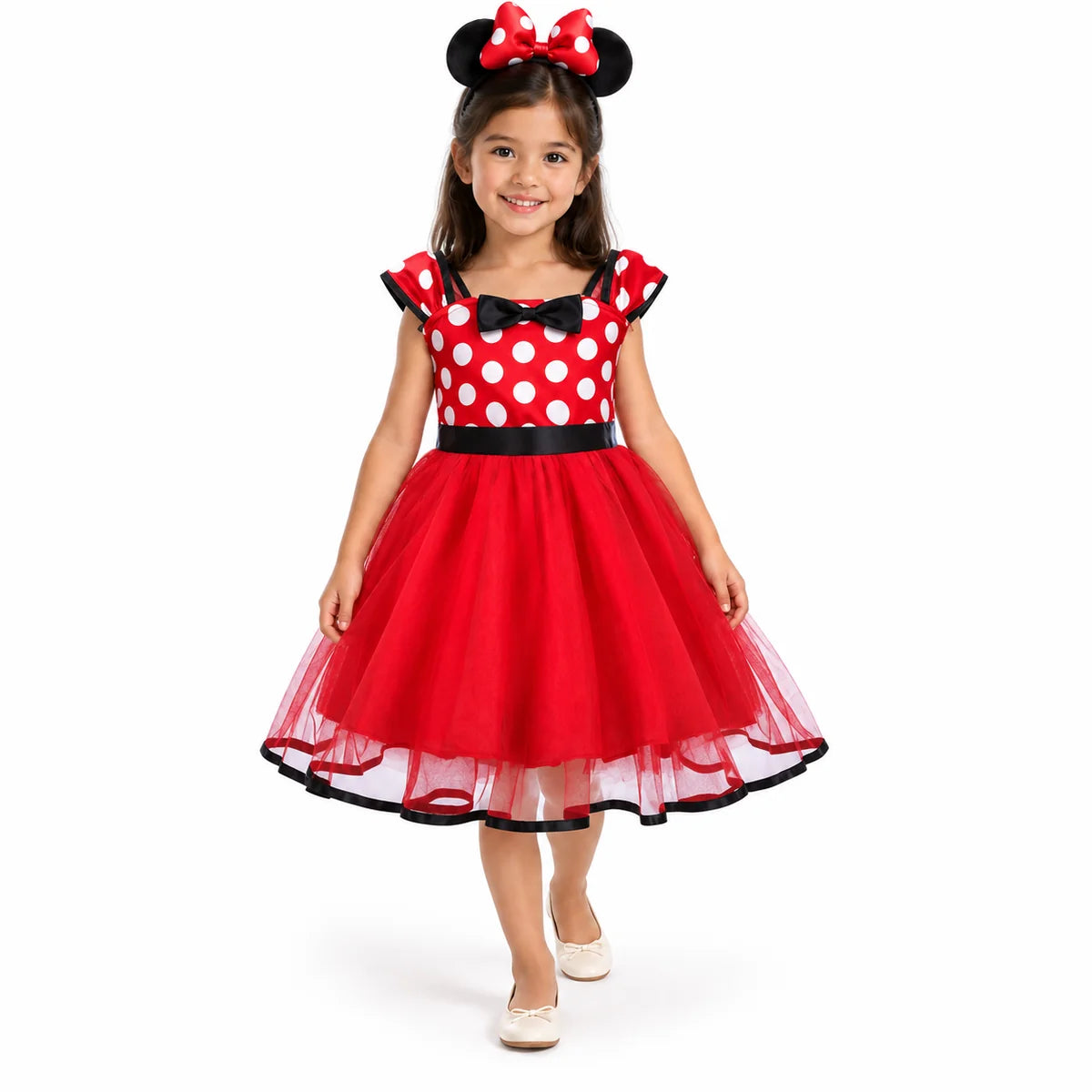 Minnie Mouse red polka-dot costume dress with black bow and layered sheer skirt, with matching mouse-ear headband.