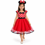 Minnie Mouse red polka-dot costume dress with black bow and layered sheer skirt, with matching mouse-ear headband.