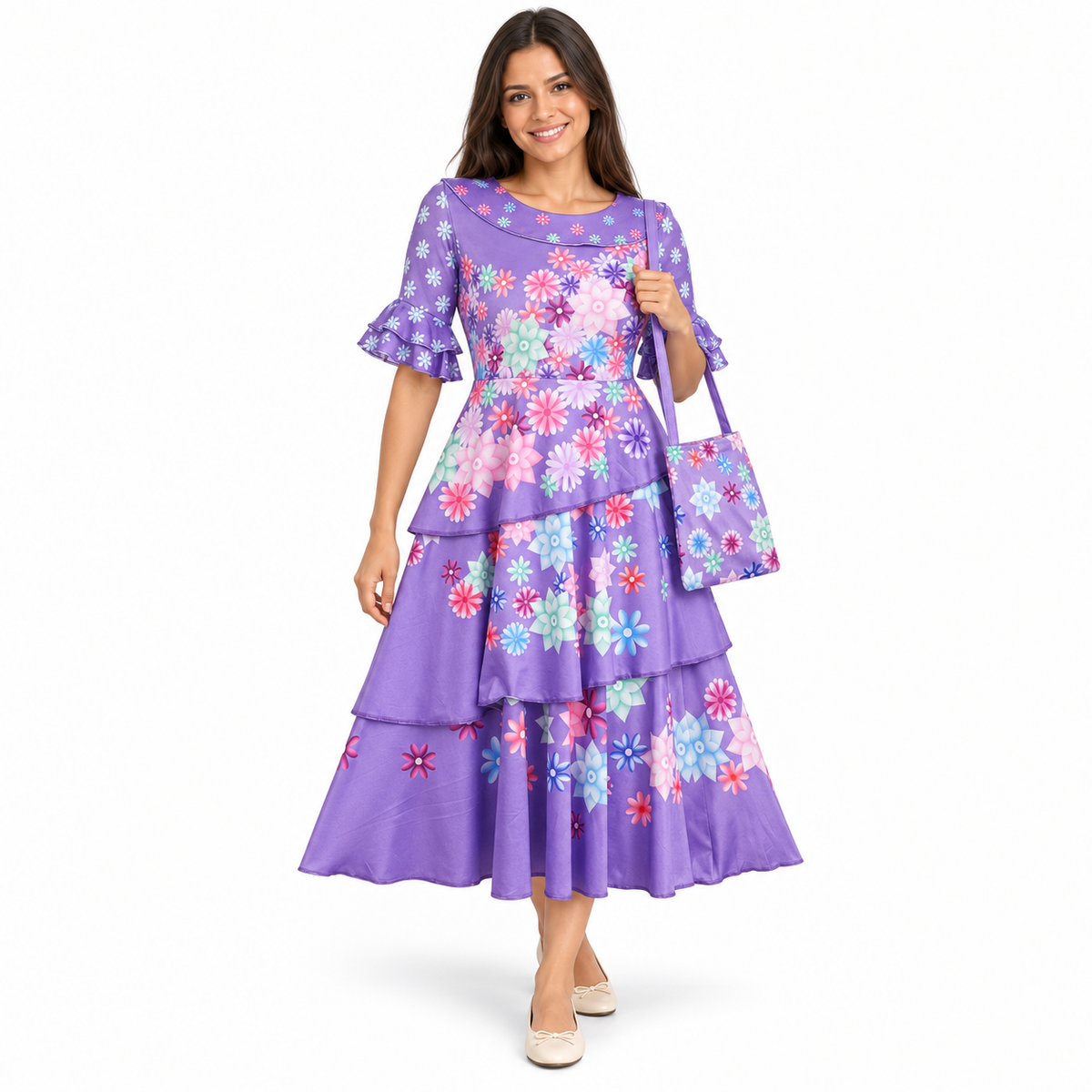 AI-generated representation of Isabela Encanto Purple Floral Costume Dress for Adults