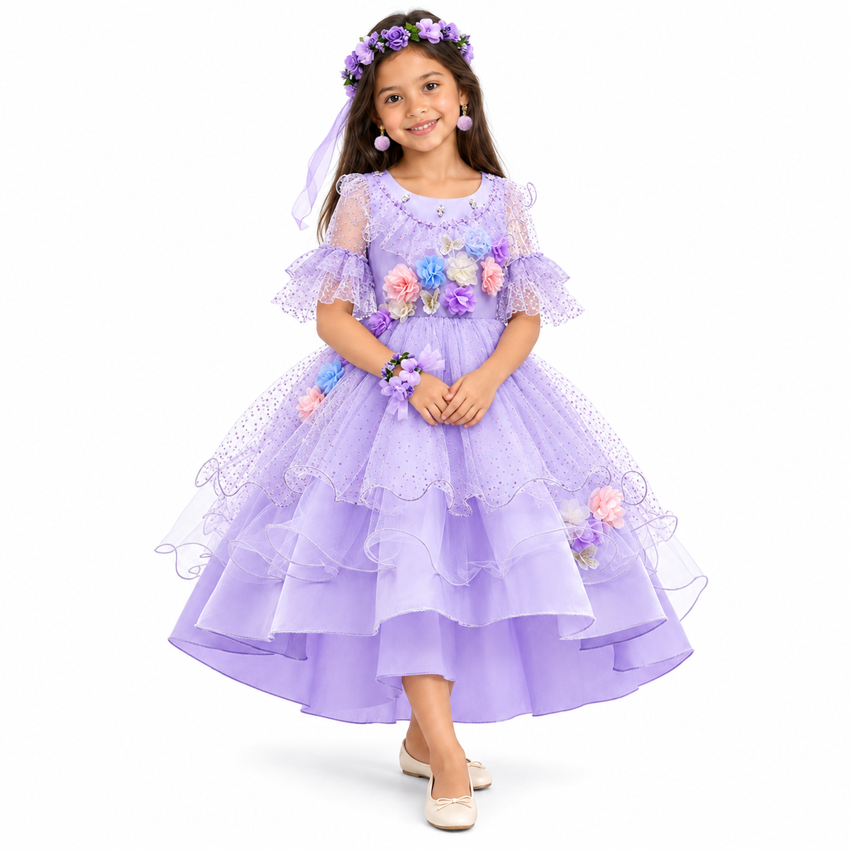 AI-generated representation of Isabela Encanto Flower Applique Dress with Floral Accessories