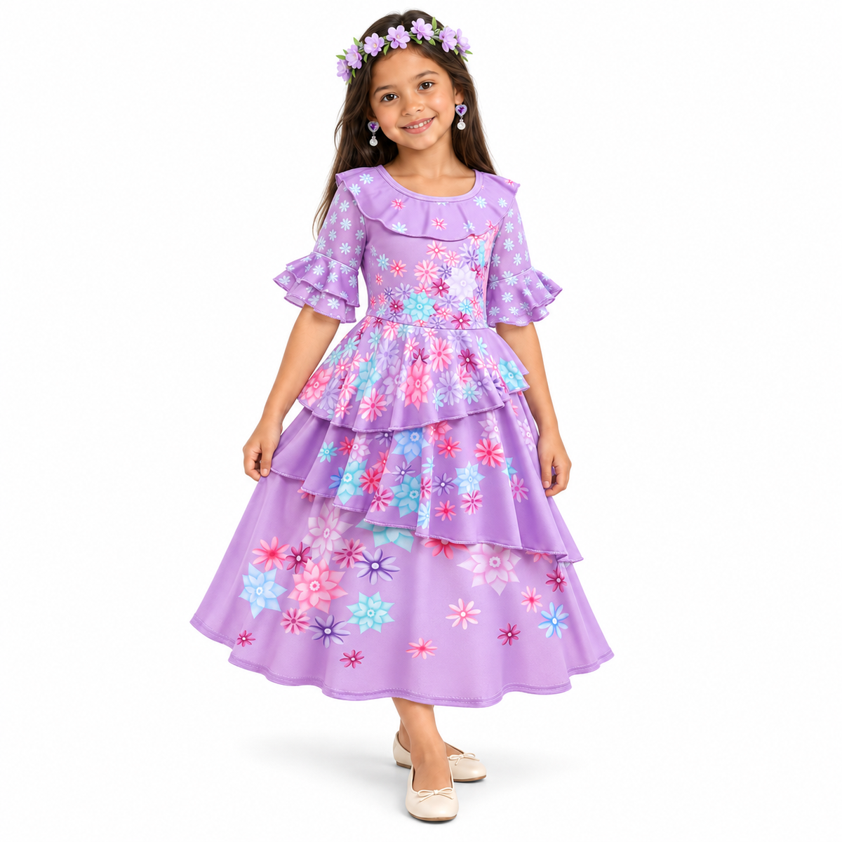 Imagem gerada por IA de criança usando Isabela Madrigal Costume – Charm em fundo branco.