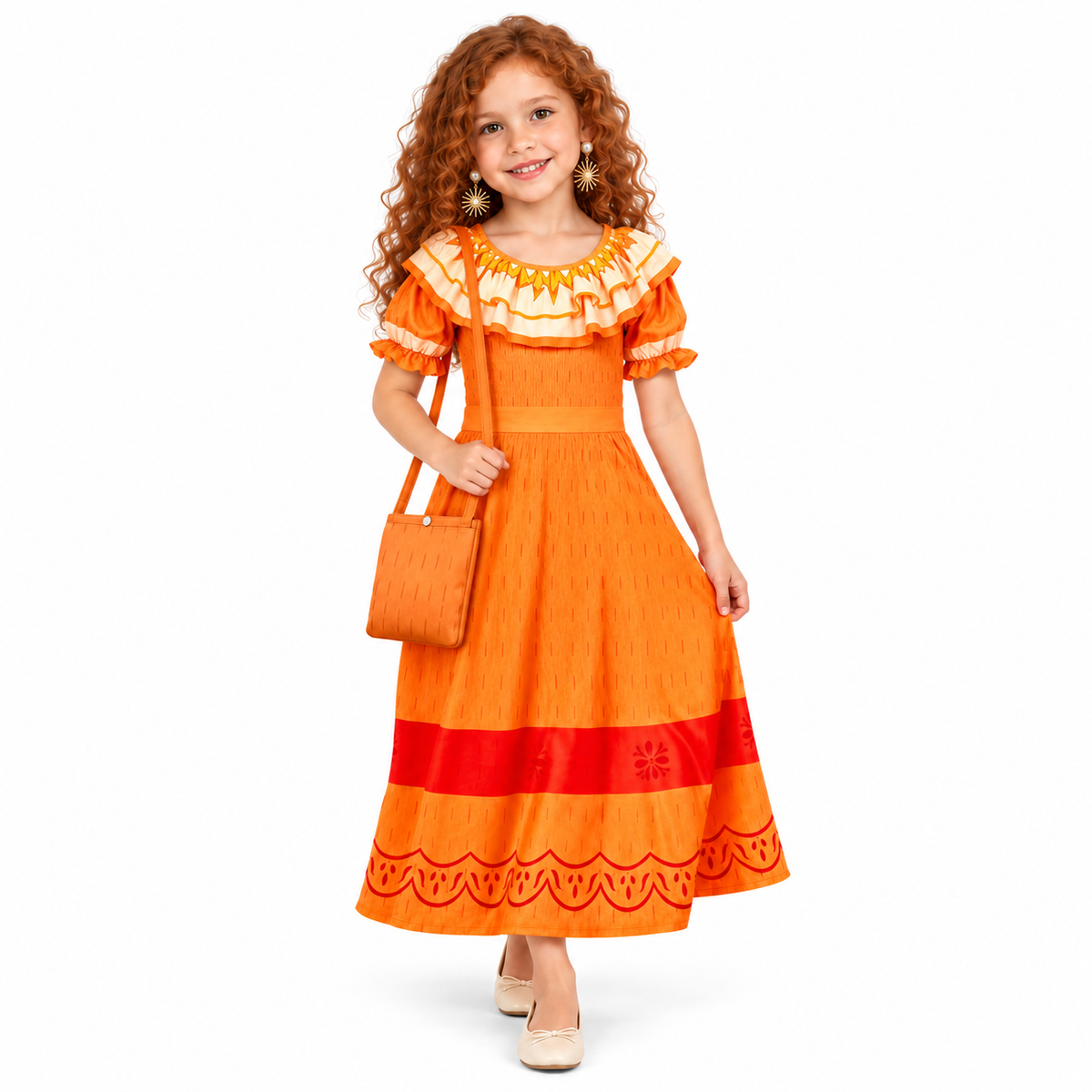 AI-generated representation of Pepa Encanto Orange Costume Dress with Bag and Earrings