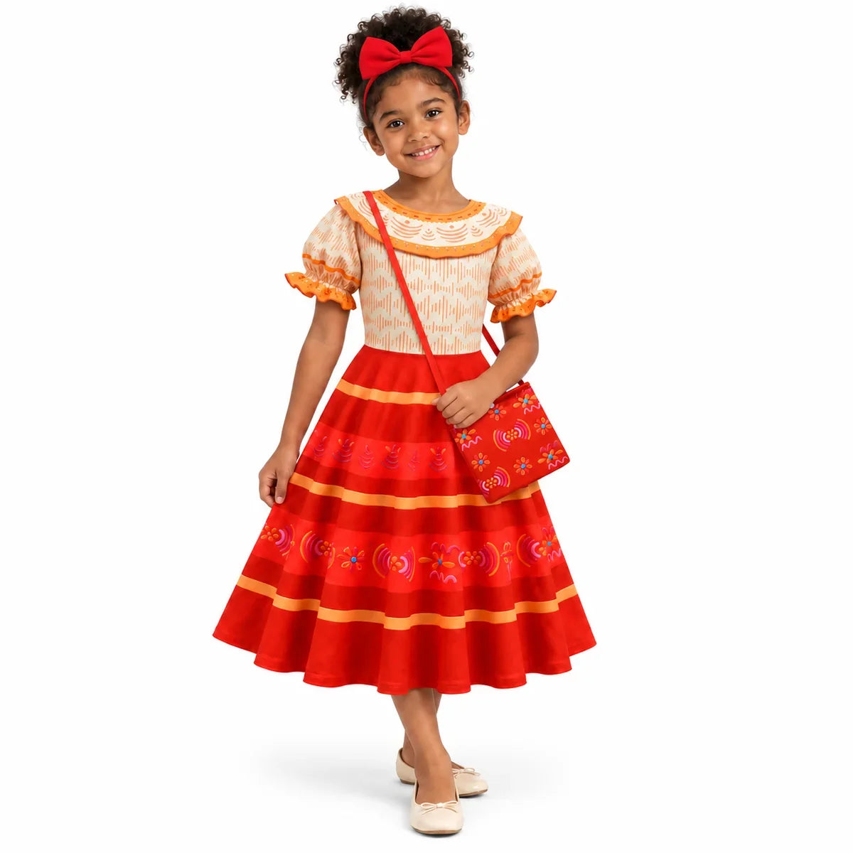 AI-generated representation of Dolores Encanto Dress with Bag and Red Bow Headband