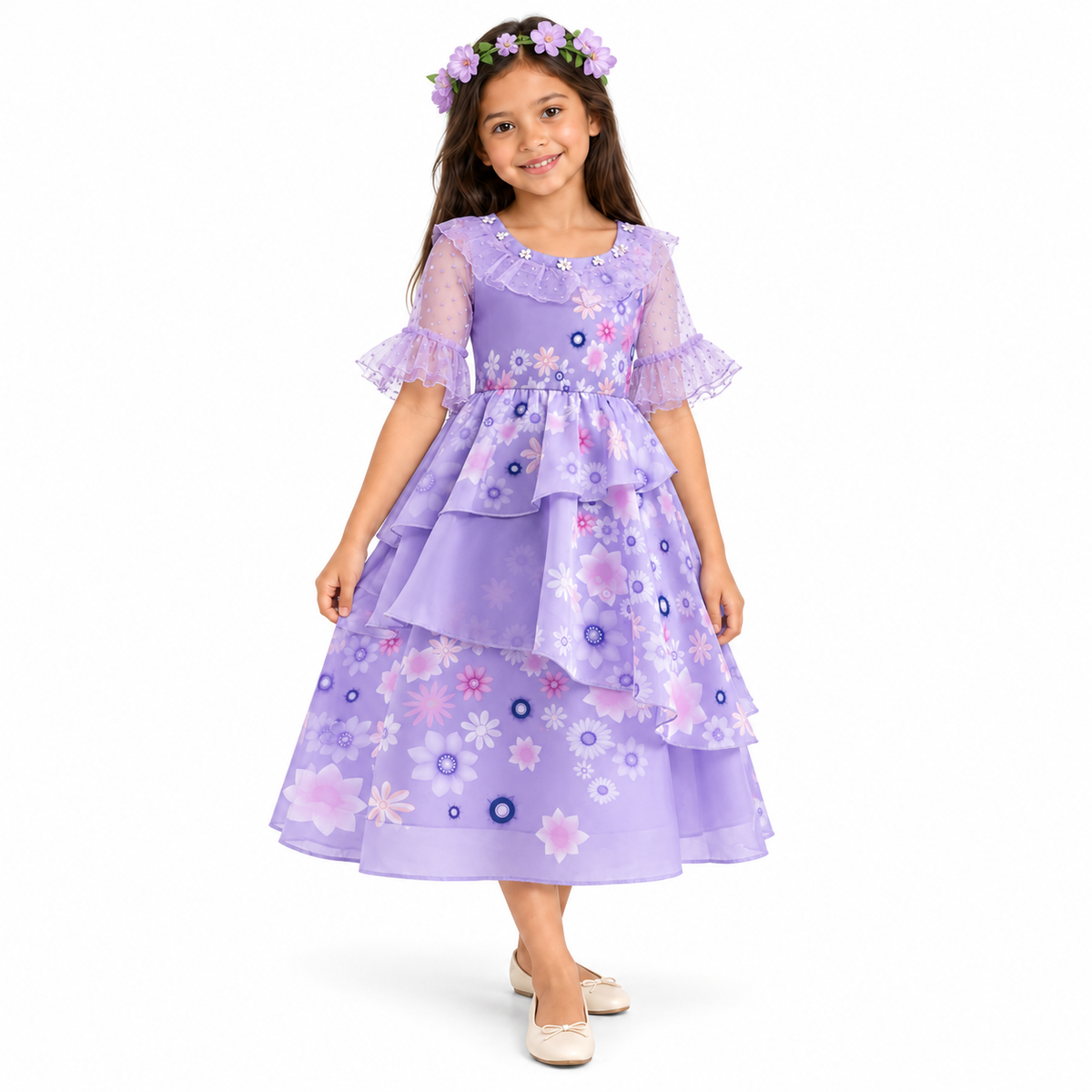 AI-generated representation of Isabela Encanto Dress with Flower Crown for Girls