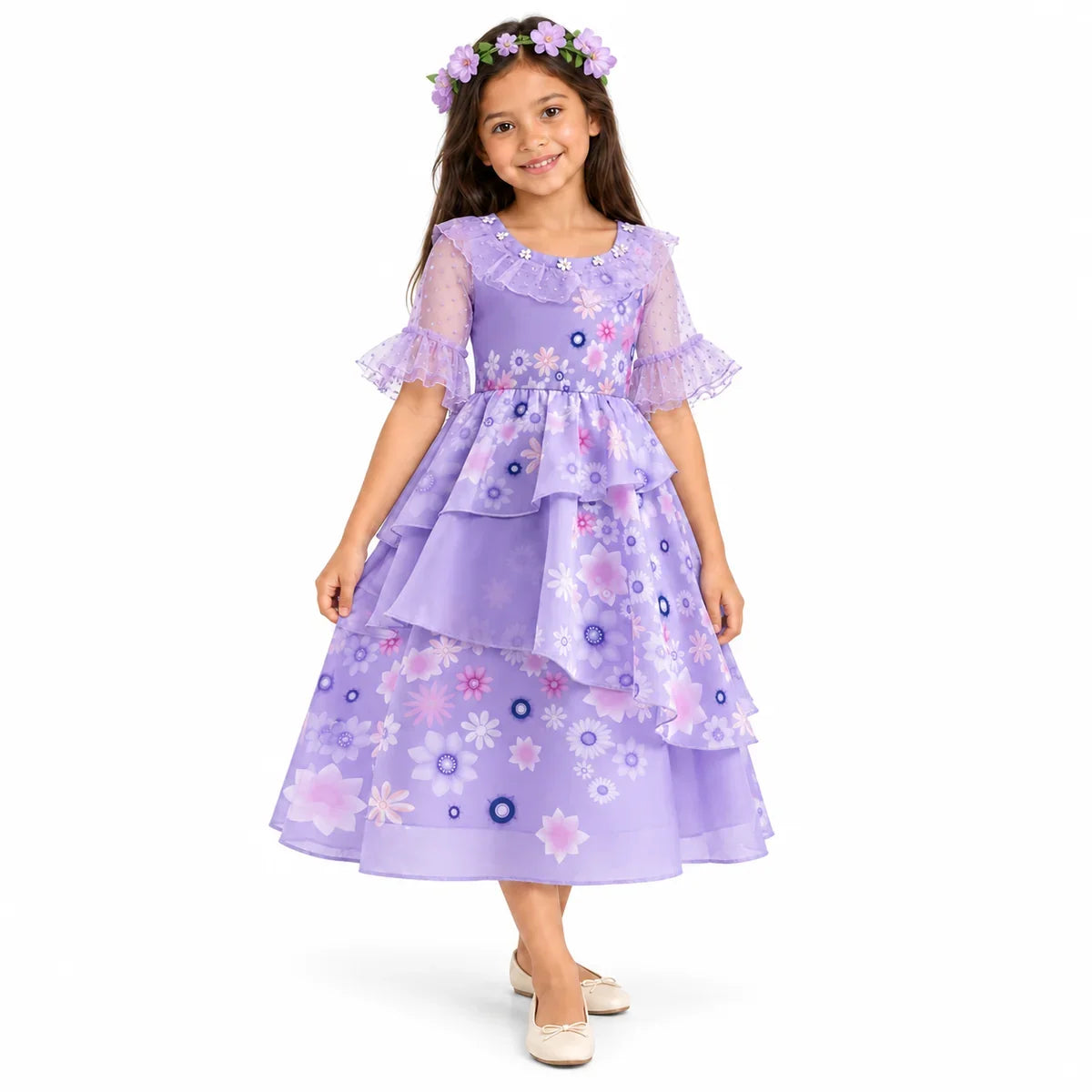 AI-generated representation of Isabela Encanto Dress with Flower Crown for Girls