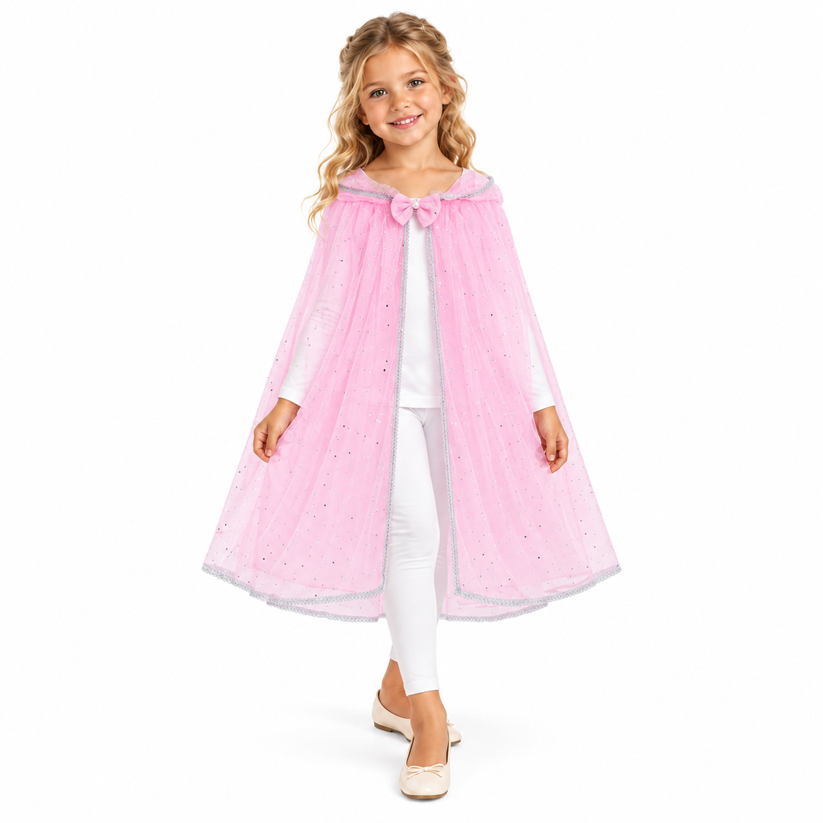 Aurora Pink Tulle Princess Costume Cape with Bow for Girls — studio model photograph on white background