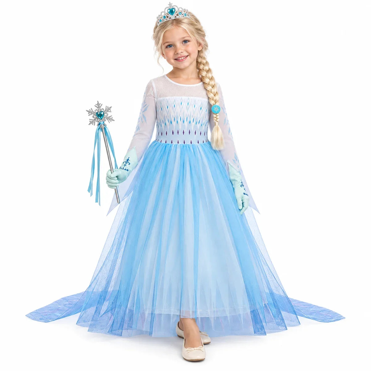 Ice Princess Long Sleeve Costume Dress Set with Braid for Toddlers — studio image on a white background.