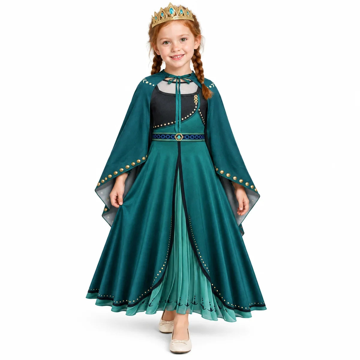 Anna Blue Winter Princess Costume Dress with Cape and Crown for Toddlers — studio image on a white background.