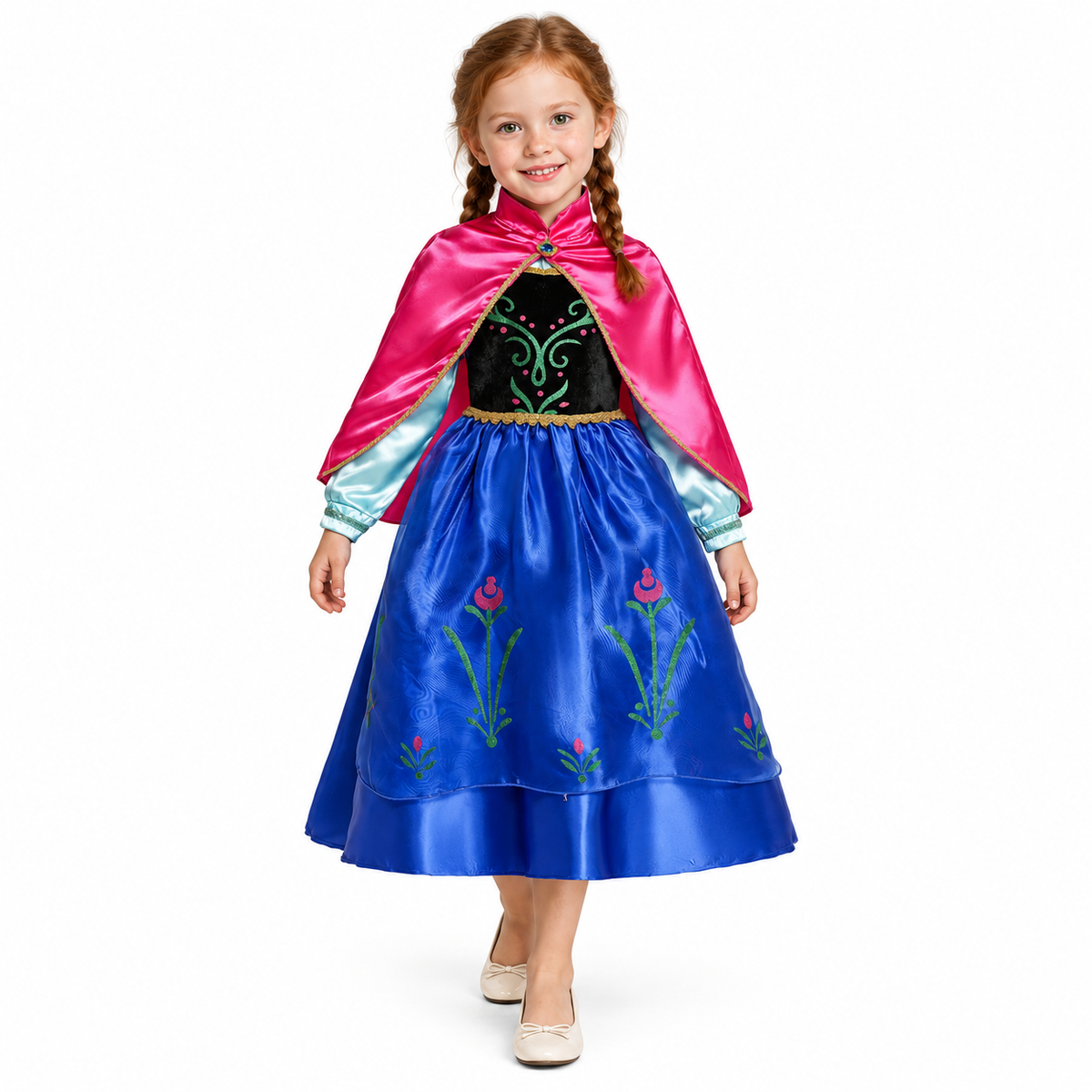 Anna Winter Princess Costume Dress with Cape – Frozen Style — studio model photograph on white background