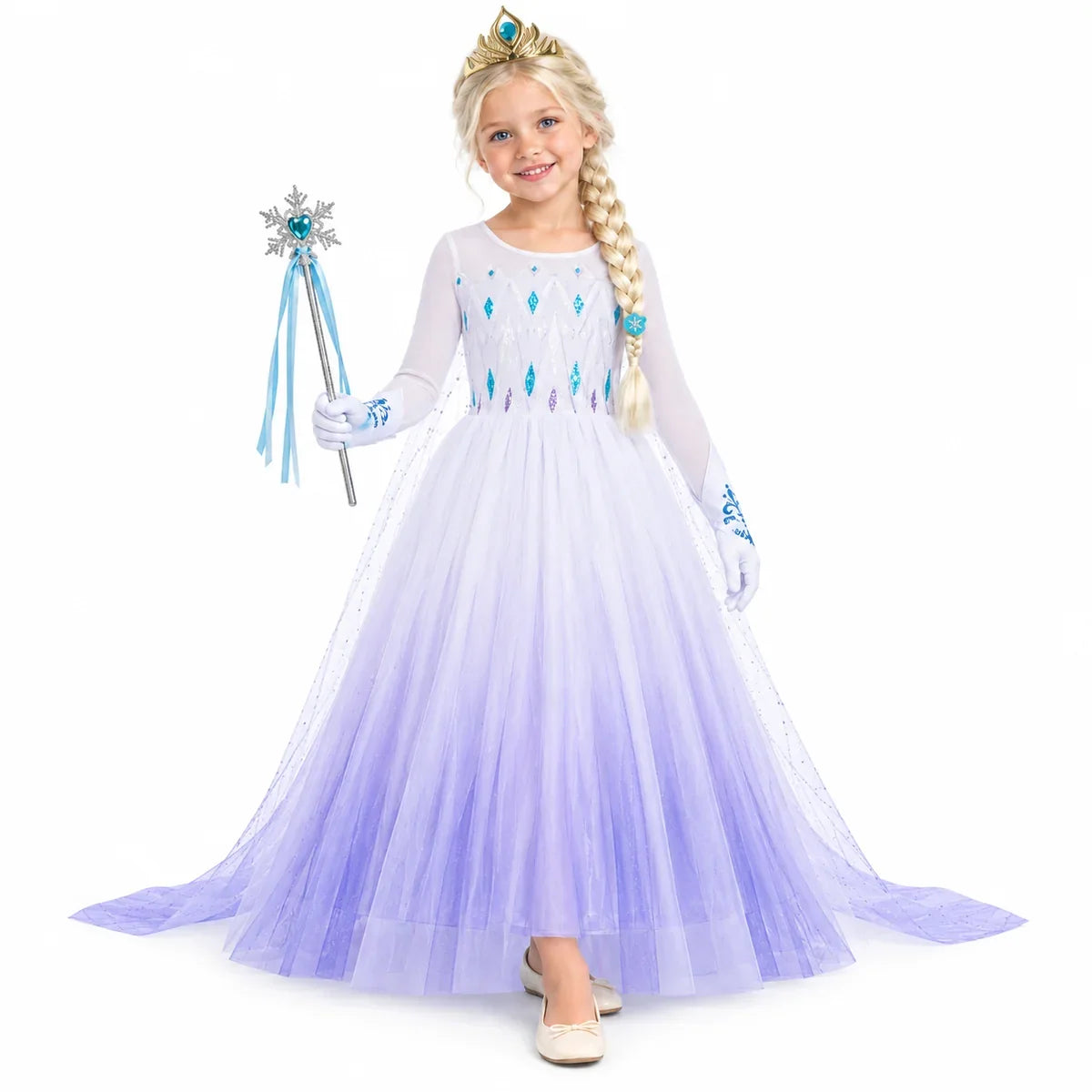 Elsa Snow Queen Costume Dress Set with Wig and Princess Accessories — studio image on a white background.