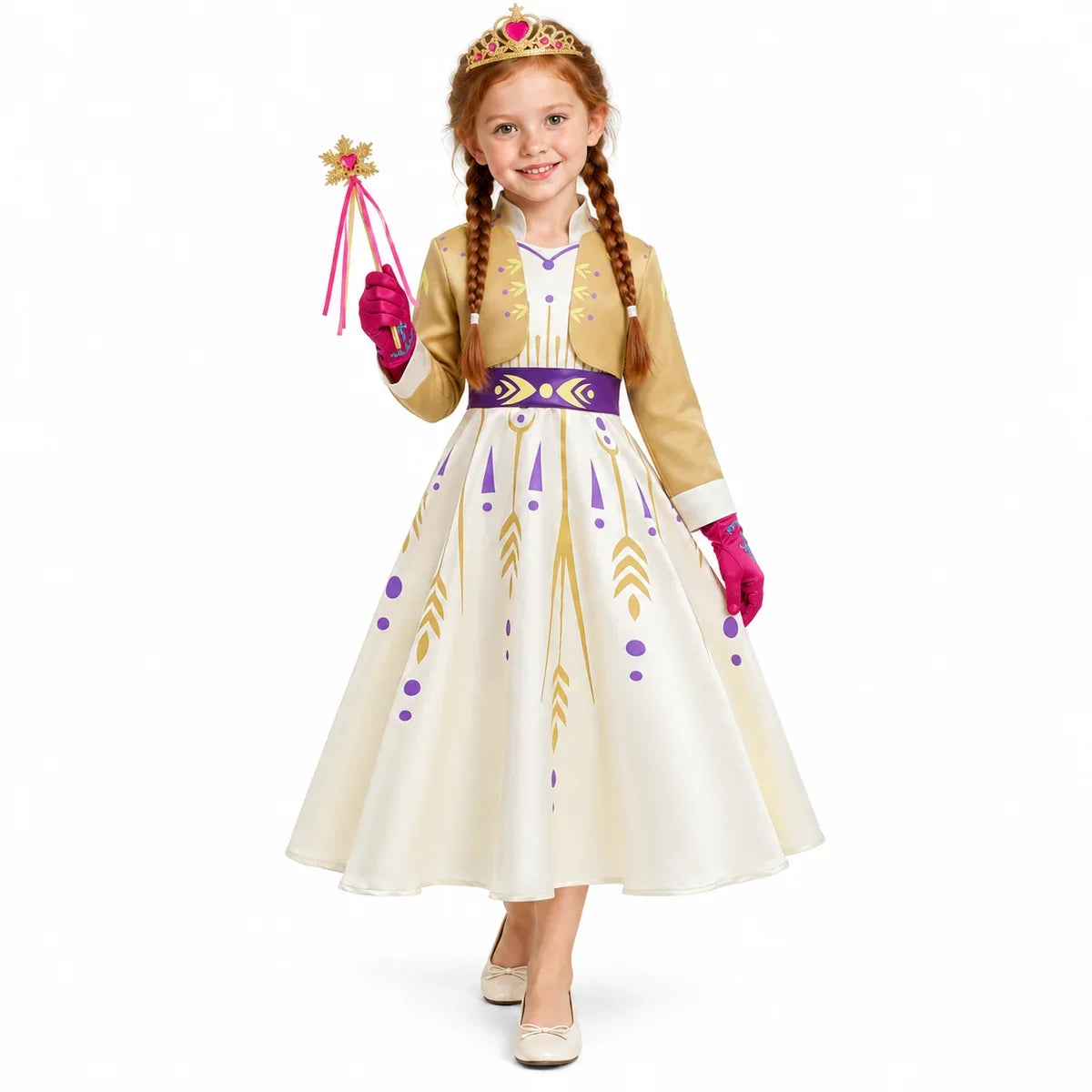 Anna Beige Princess Costume Dress Set with Braid and Accessories — studio image on a white background.