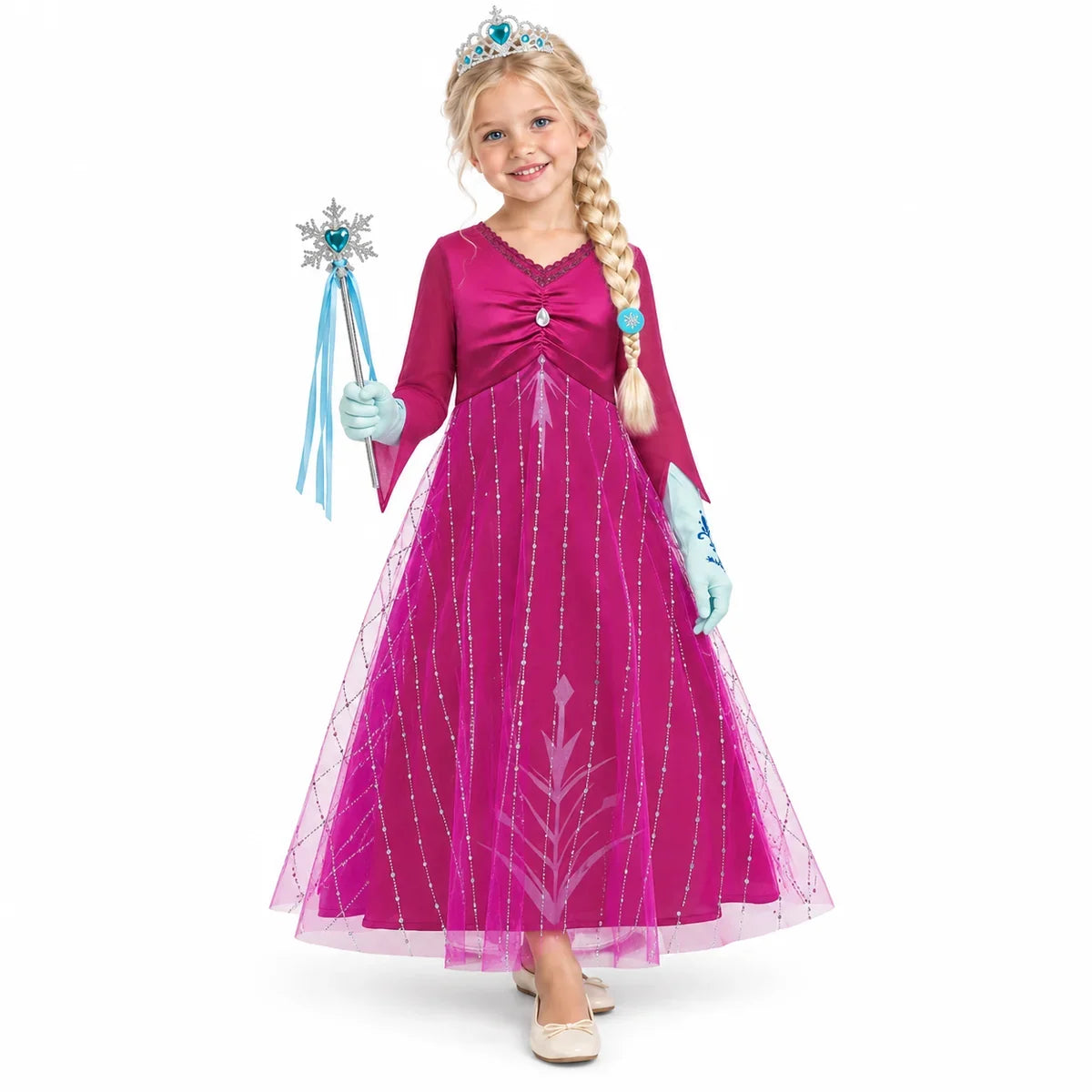 Pink Frozen 2 Ice Queen Costume Dress Set for Girls — studio image on a white background.