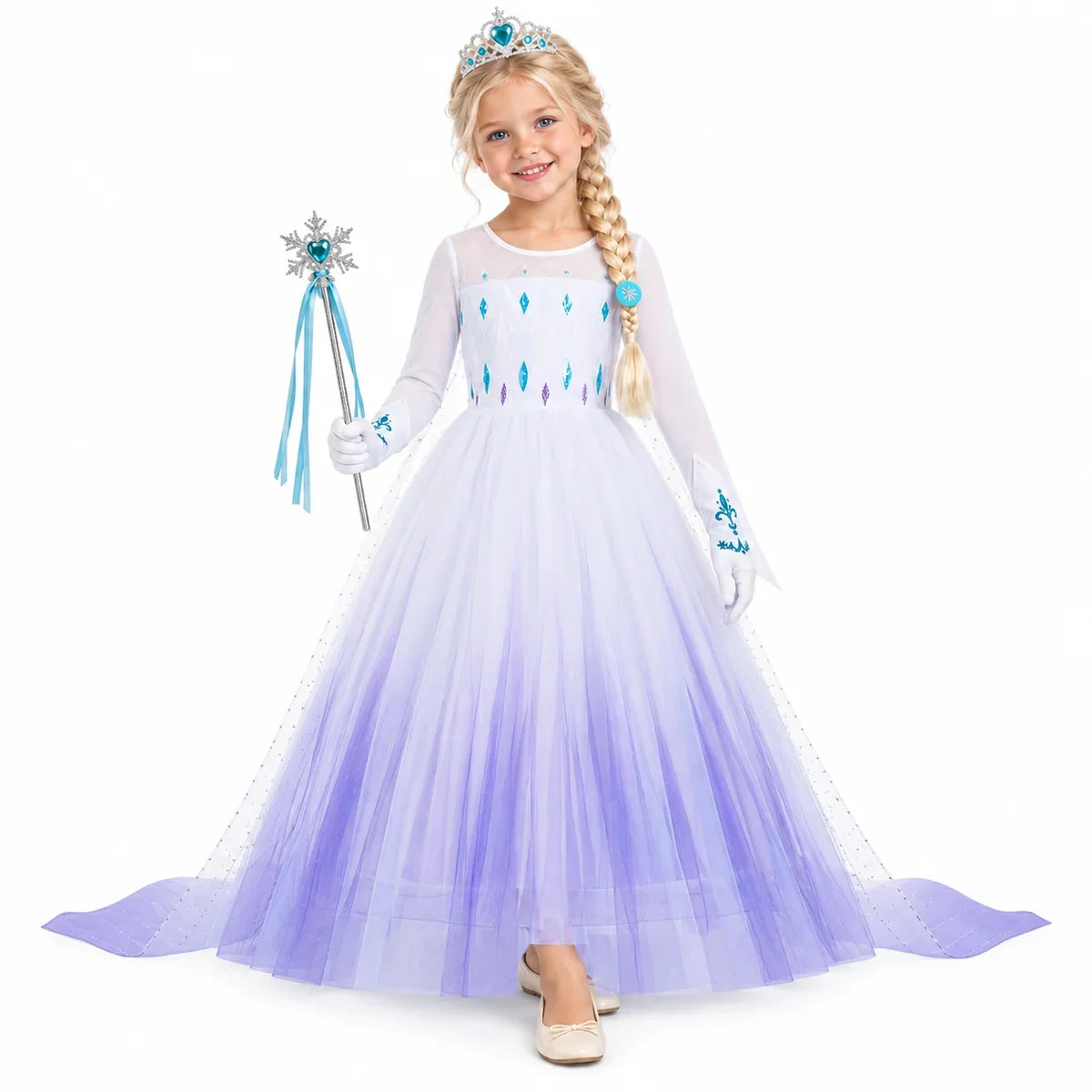 Frozen 2 Costume Dress with Crown, Wand and Braid for Girls — studio image on a white background.