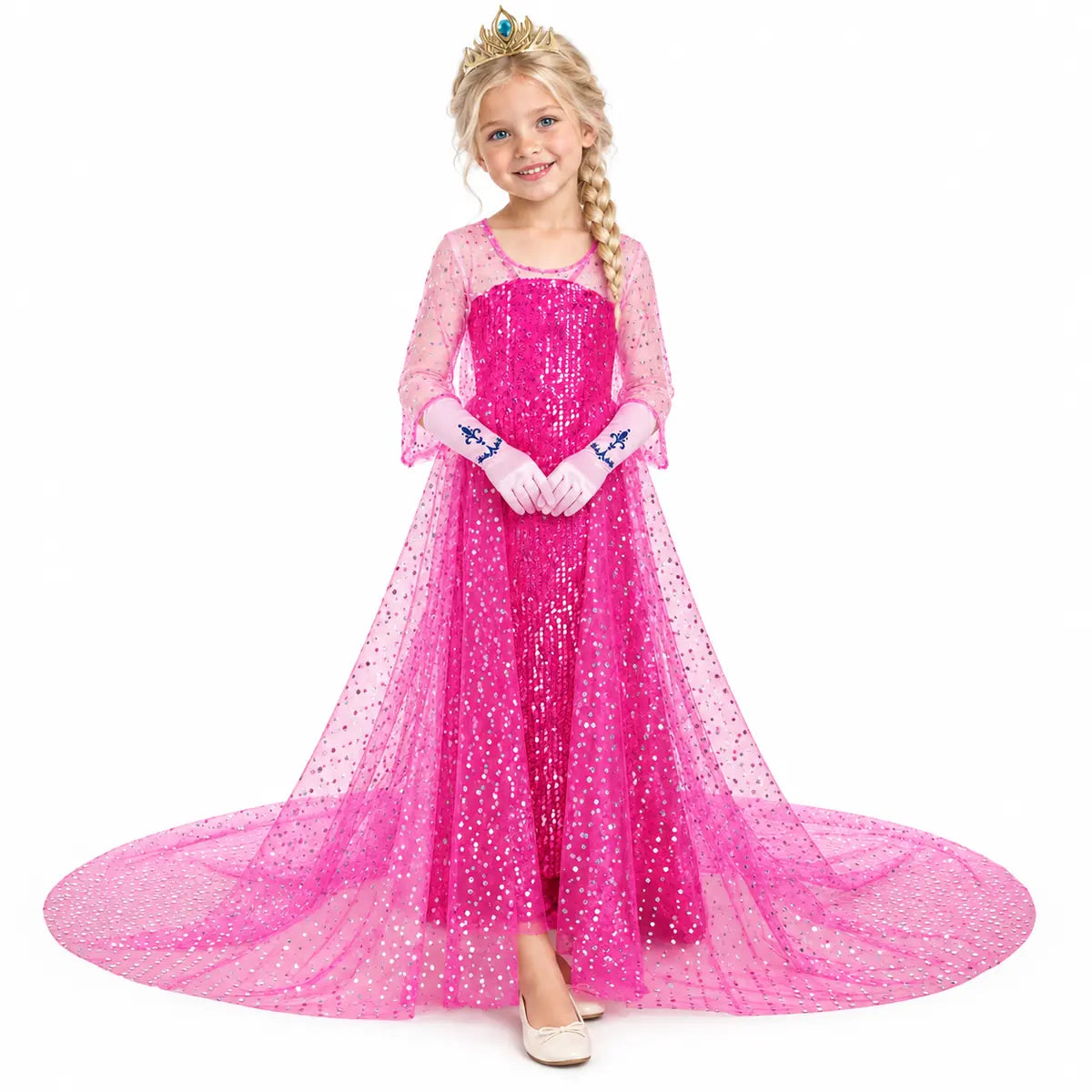 Elsa Pink Sequin Costume Dress with Crown and Gloves — studio image on a white background.