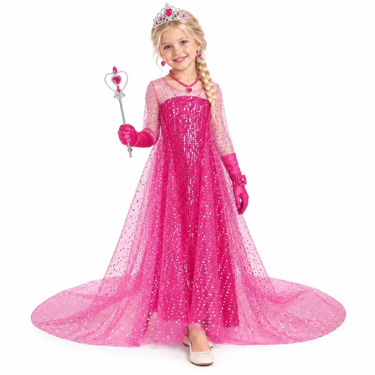 Elsa Pink Sequin Costume Dress with Jewellery and Wand — studio image on a white background.