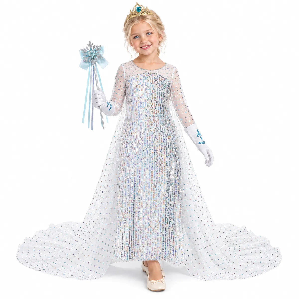 Elsa White Sequin Costume Dress with Crown and Wand — studio image on a white background.