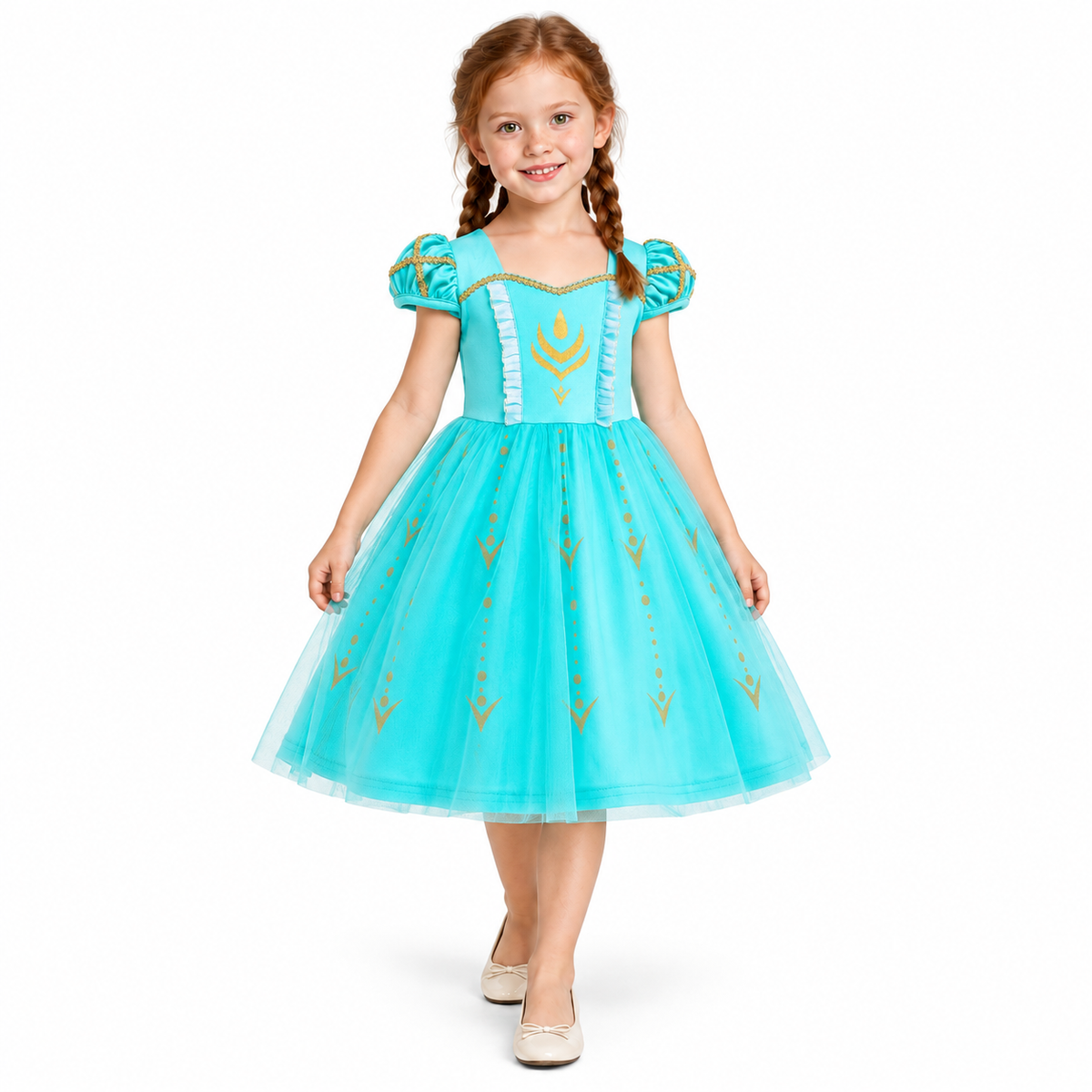 Anna Winter Princess Toddler Tulle Dress with Puff Sleeves – Frozen Style — studio model photograph on white background
