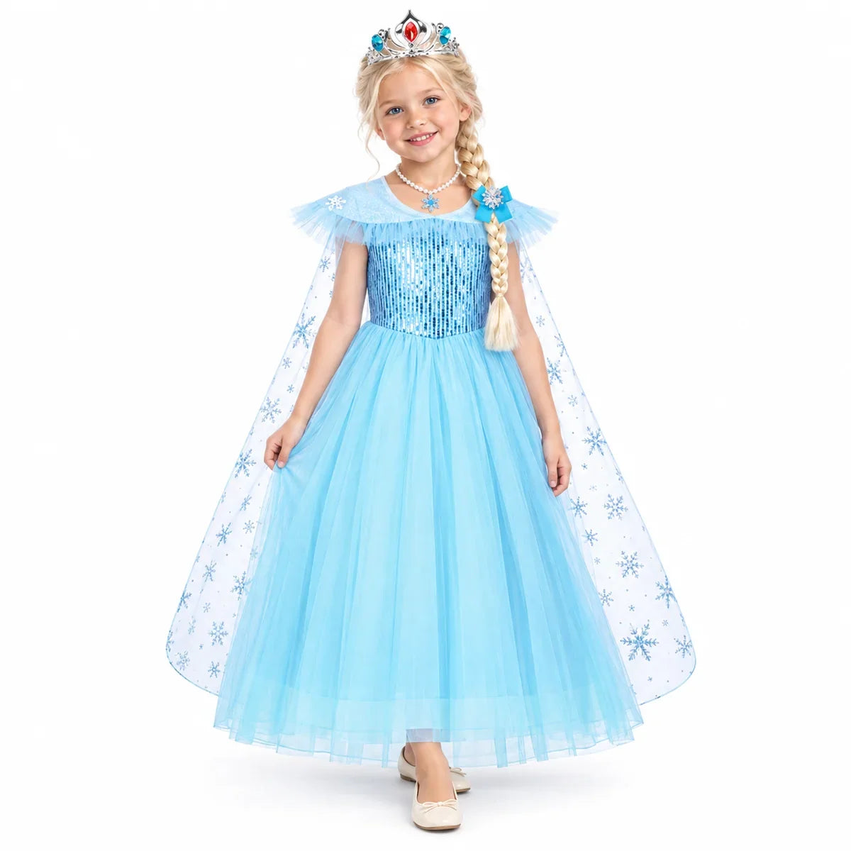 Ice Princess Costume Dress Set with Snowflake Cape and Necklace — studio image on a white background.