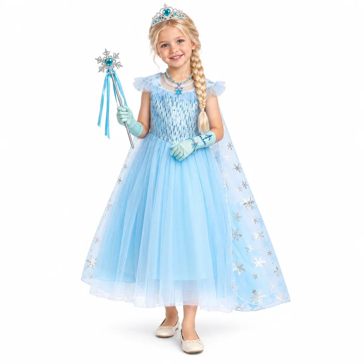 Ice Princess Sequin Costume Dress Set with Cape, Braid and Necklace — studio image on a white background.