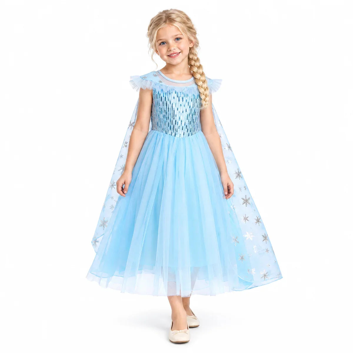 Ice Princess Costume Dress with Sheer Snowflake Cape — studio image on a white background.