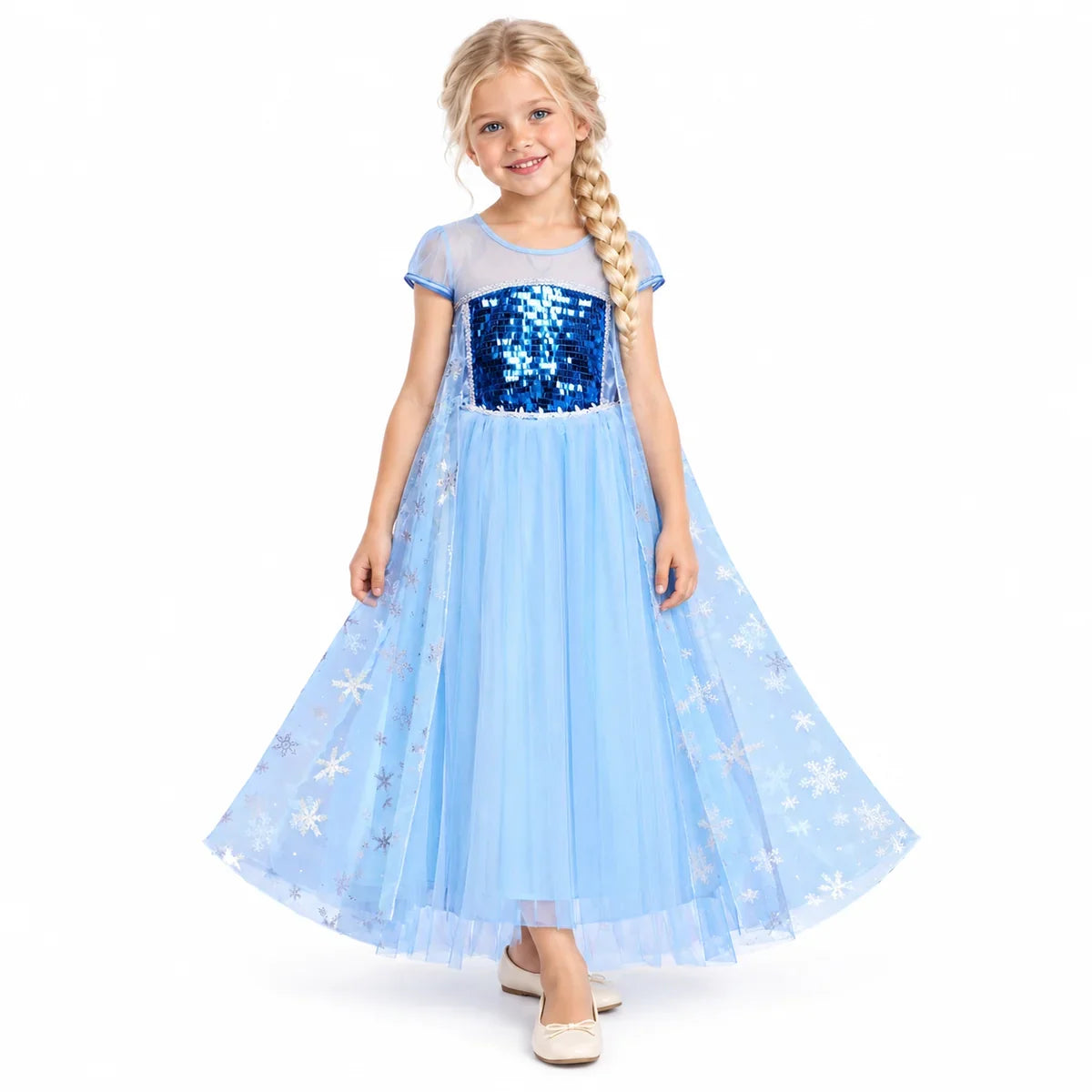 Ice Princess Short Sleeve Sequin Costume Dress with Cape — studio image on a white background.