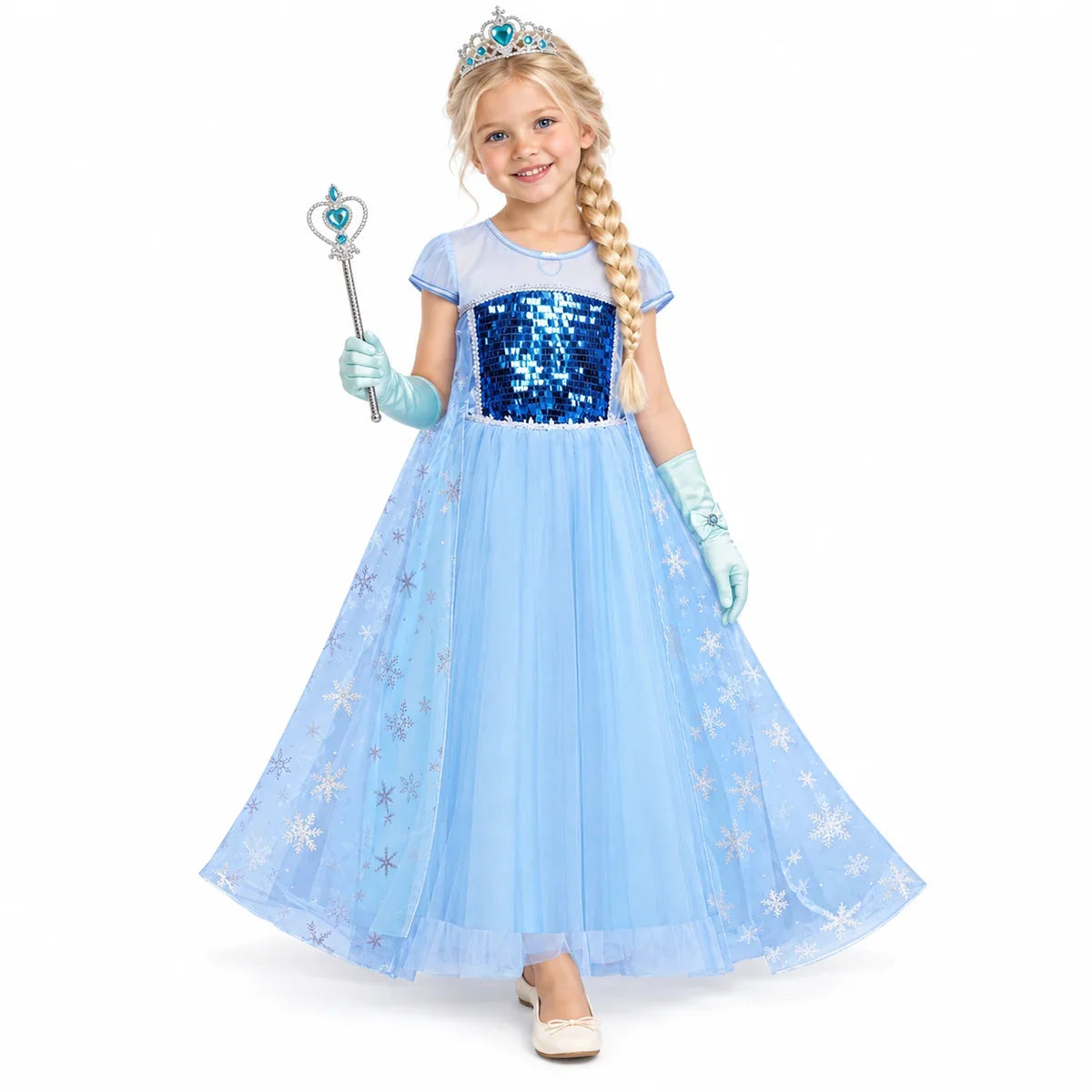 Ice Princess Short Sleeve Costume Dress Set with Accessories — studio image on a white background.