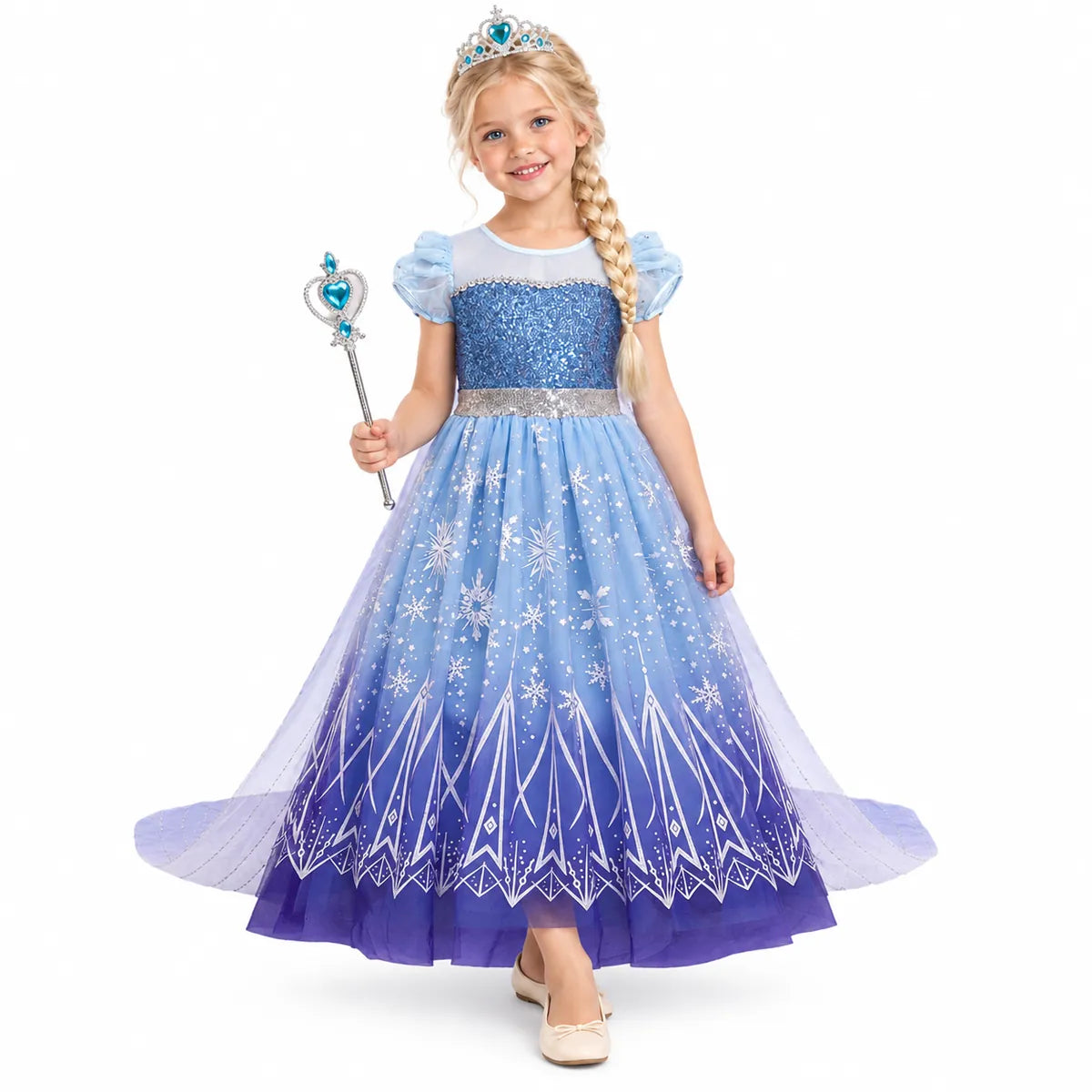 Ice Princess Short Sleeve Costume Dress with Tiara and Wand — studio image on a white background.