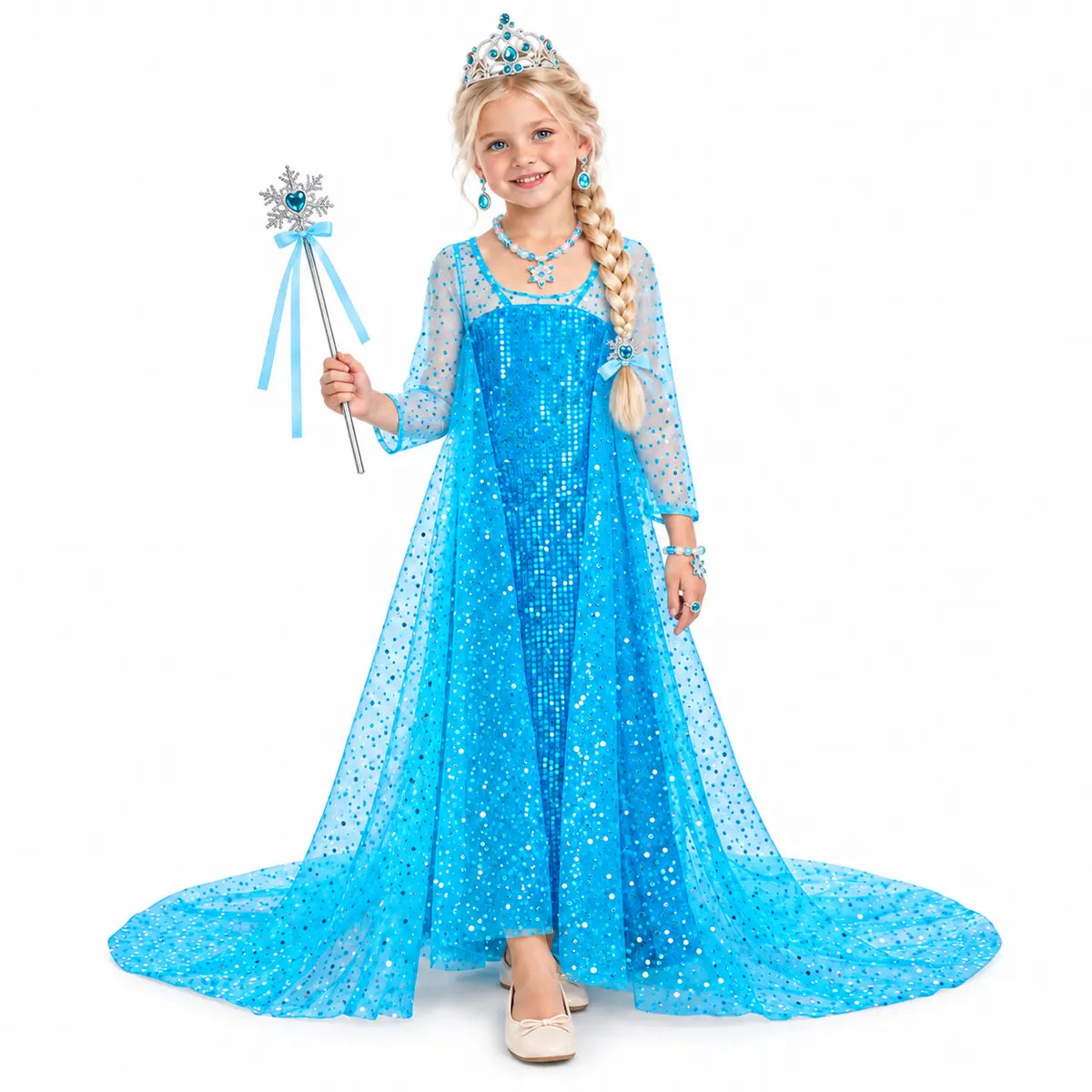 Ice Princess Long Sequin Costume Dress Set with Train — studio image on a white background.