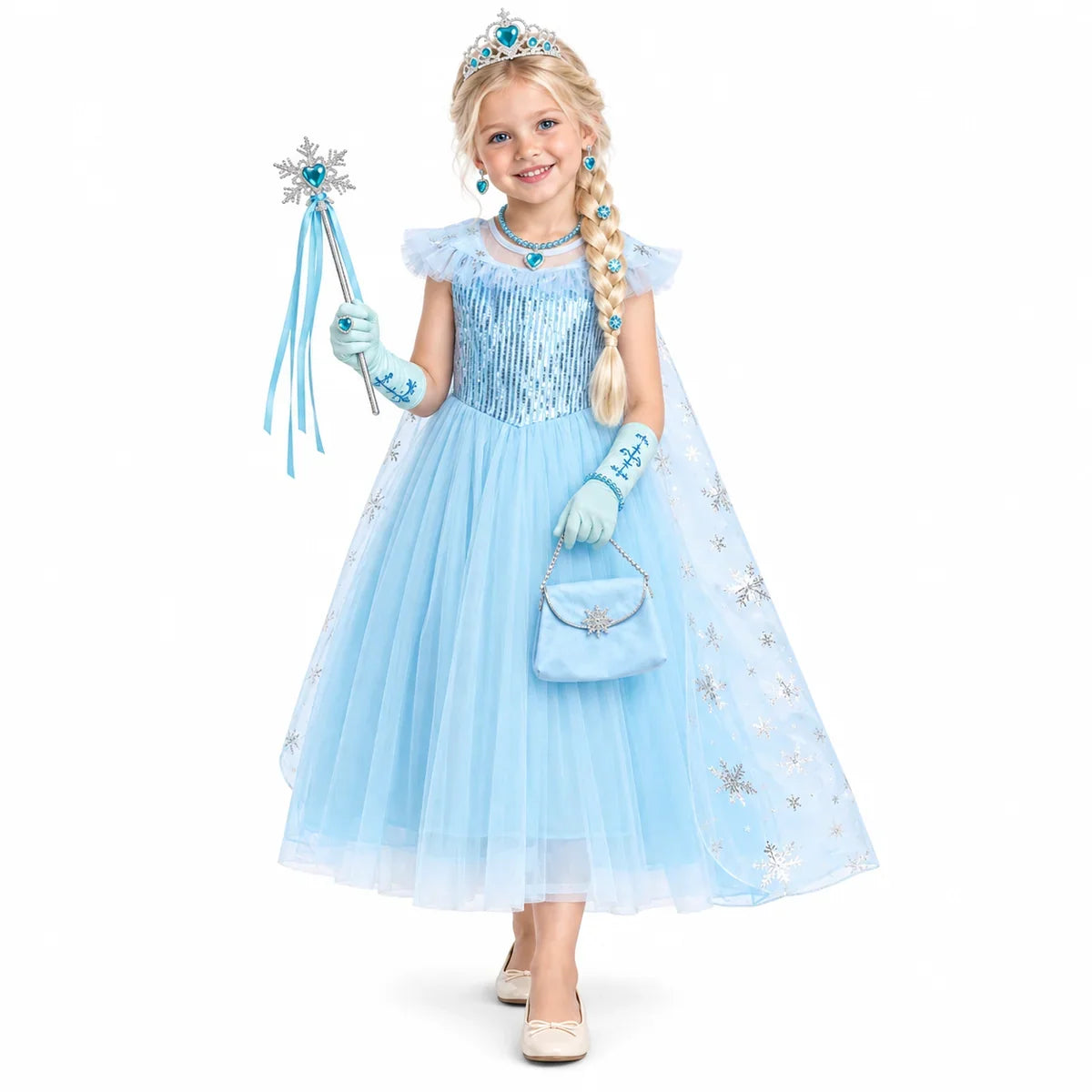 Ice Princess Costume Dress Set with Cape, Braid and Handbag — studio image on a white background.