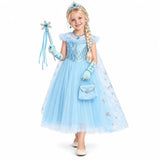 Ice Princess Costume Dress Set with Cape, Braid and Handbag — studio image on a white background.