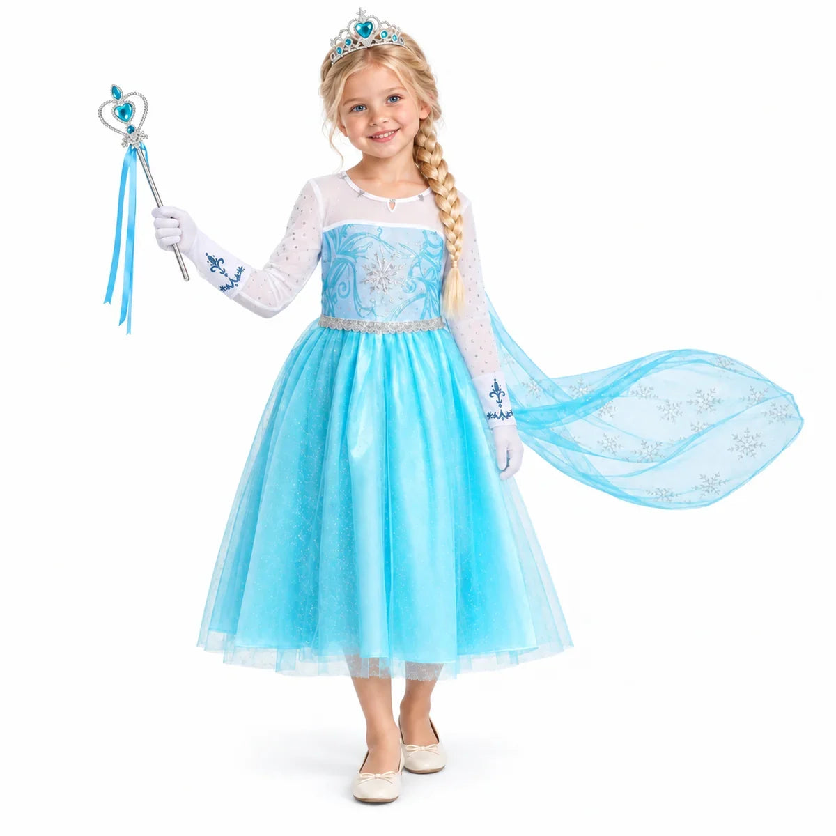 Blue Ice Princess Long Sleeve Costume Dress Set with Ribbon — studio image on a white background.