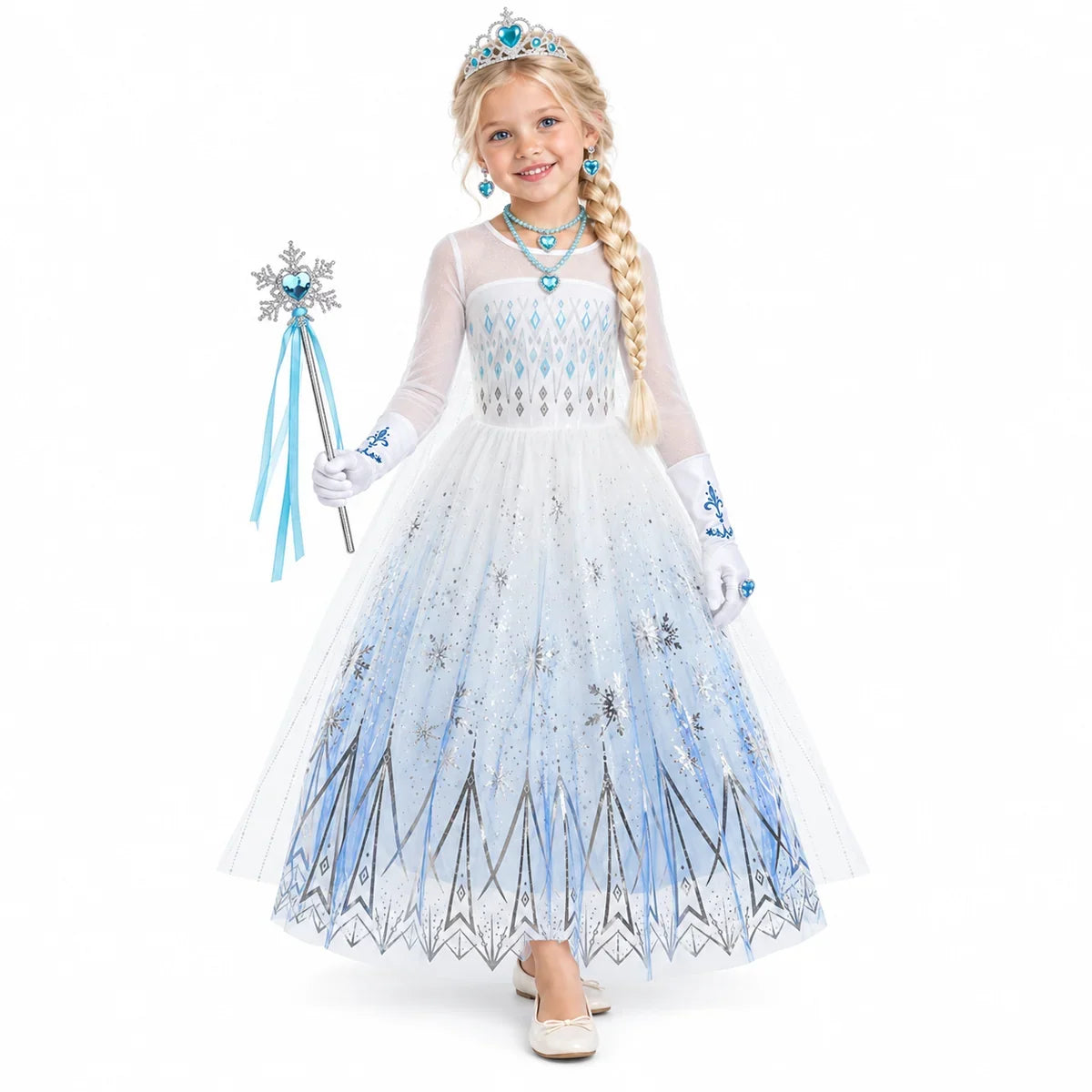 Elsa Snow Queen Costume Dress with Braid and Jewellery Set — studio image on a white background.