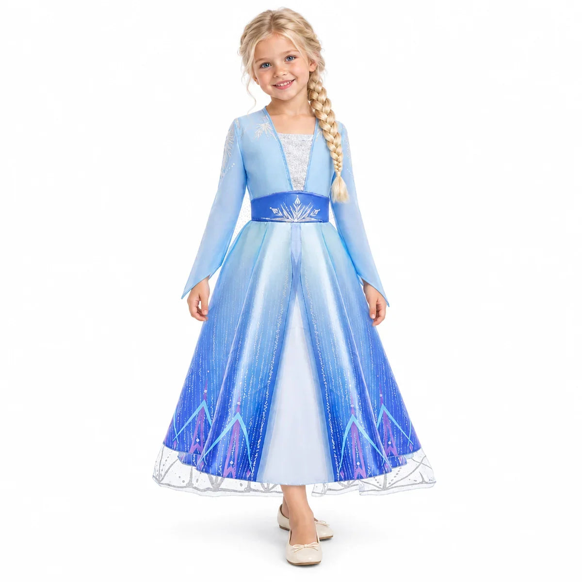AI-generated image of a fictional model wearing Kids Ice Princess Costume Dress | Frozen Style on a white studio background.