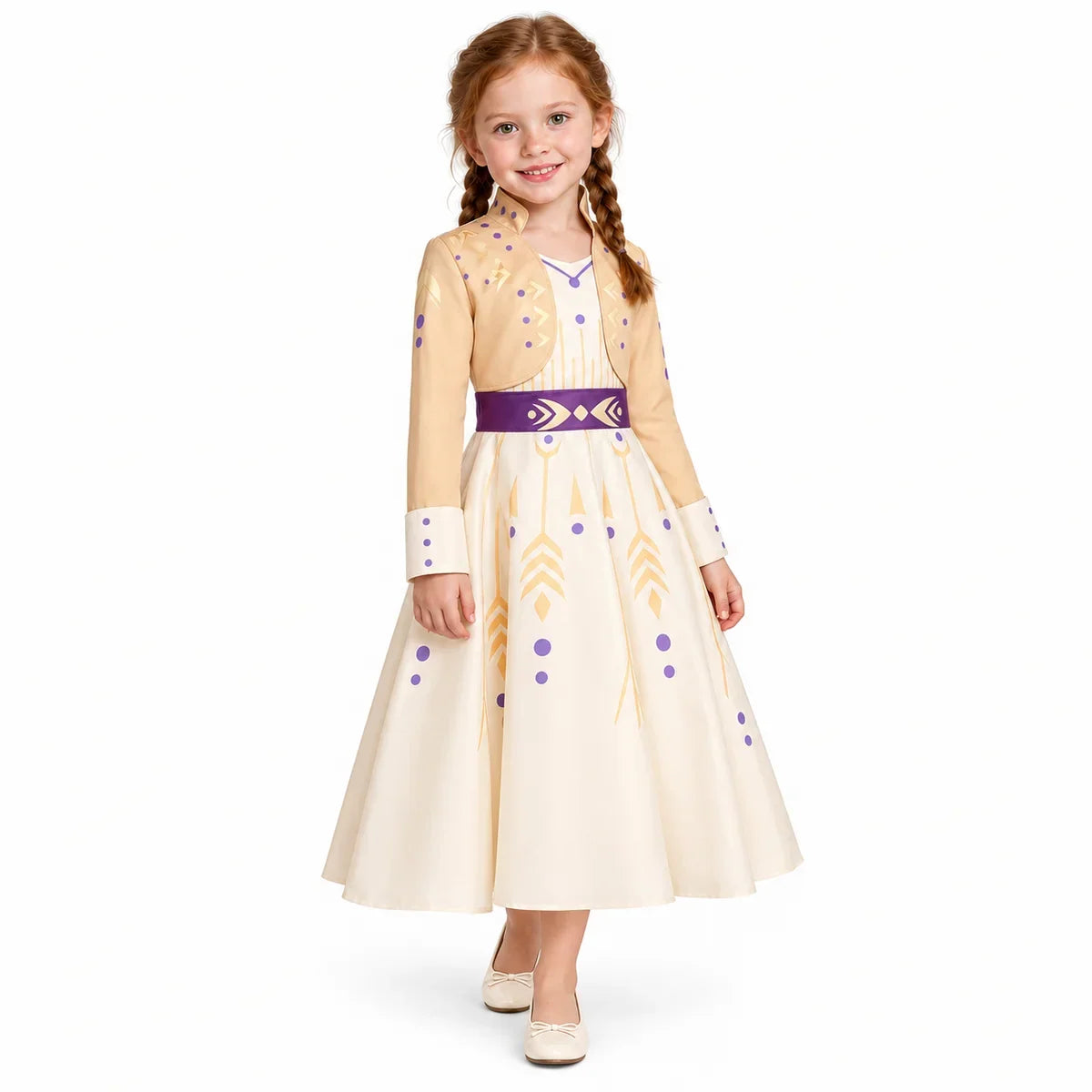 AI-generated image of a fictional model wearing Anna Winter Princess Costume Dress for Toddlers and Kids – Frozen Style on a white studio background.