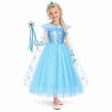 AI-generated image of a fictional model wearing Kids Ice Princess Costume Dress Set with Cape and Jewelry – Frozen Style on a white studio background.