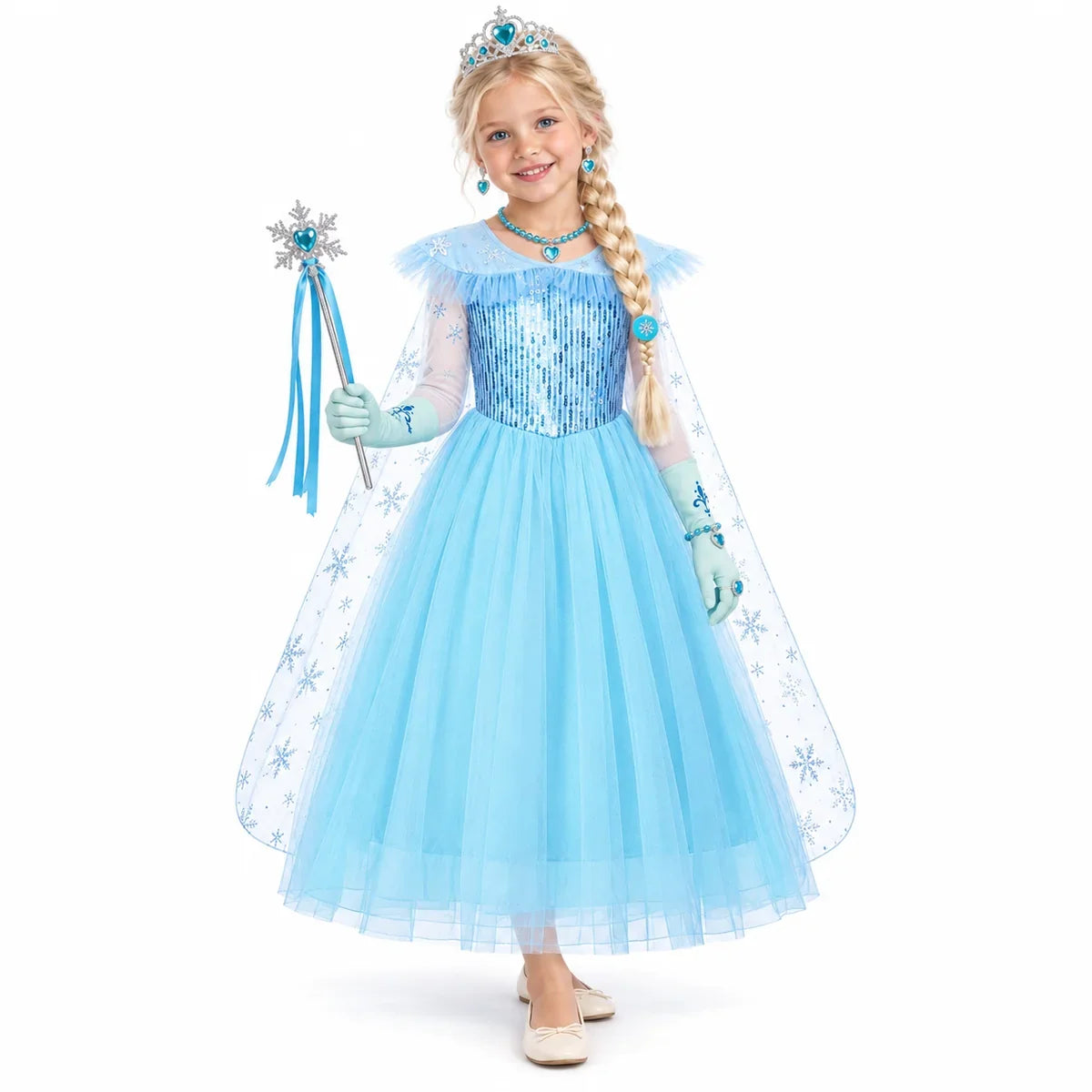 AI-generated image of a fictional model wearing Kids Ice Princess Costume Dress Set with Cape and Jewelry – Frozen Style on a white studio background.