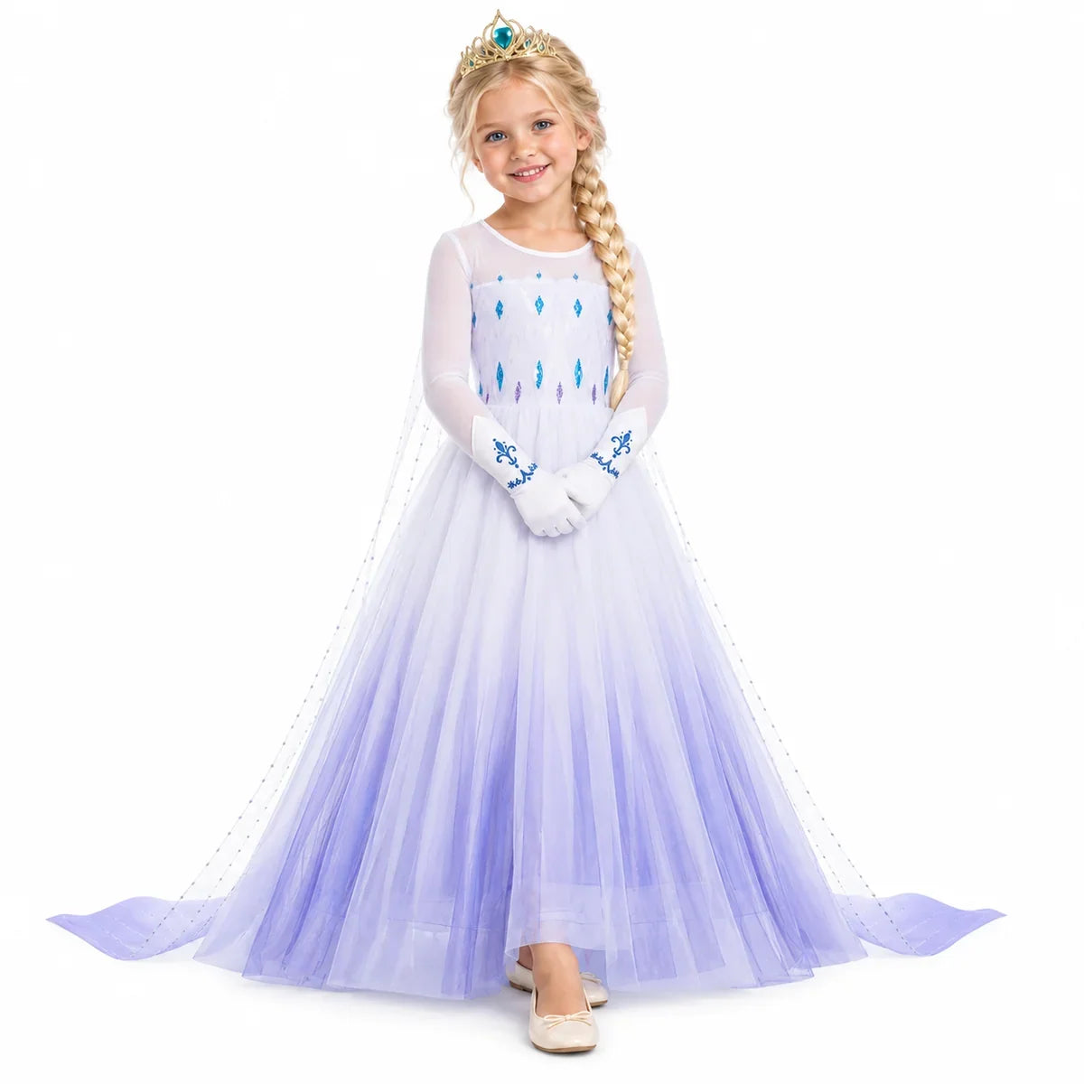 AI-generated image of a fictional model wearing Frozen 2 Kids Costume Dress on a white studio background.