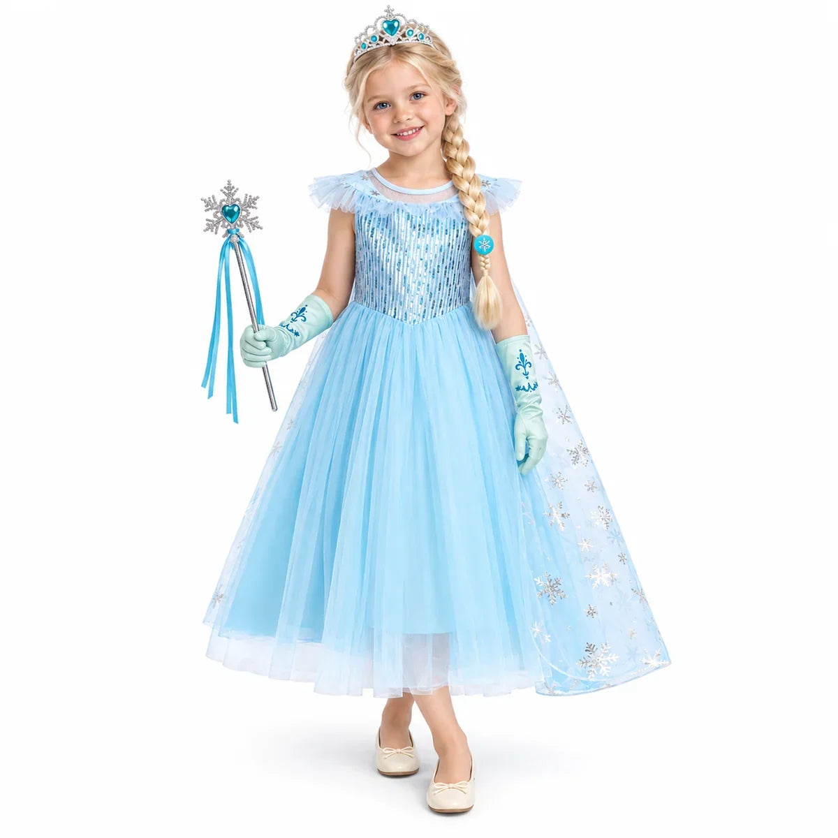 AI-generated image of a fictional model wearing Kids Ice Princess Costume Dress Set with Cape and Accessories – Frozen Style on a white studio background.