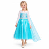AI-generated image of a fictional model wearing Kids Ice Princess Costume Dress with Cape – Frozen Style on a white studio background.