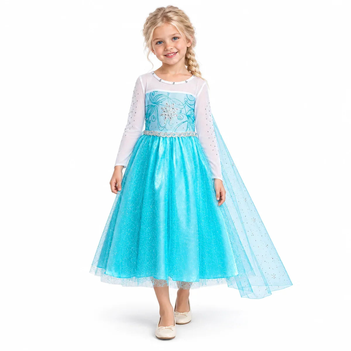 AI-generated image of a fictional model wearing Kids Ice Princess Costume Dress with Cape – Frozen Style on a white studio background.