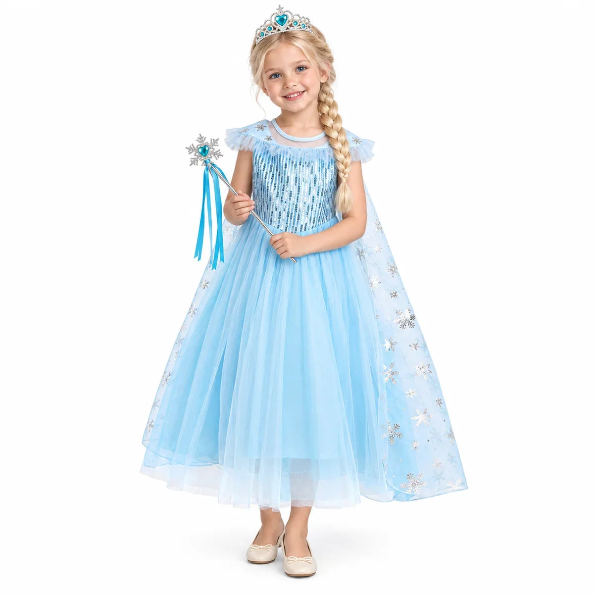 AI-generated image of a fictional model wearing Kids Ice Princess Costume Dress with Cape and Wand – Frozen Style on a white studio background.
