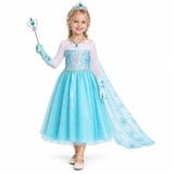 AI-generated image of a fictional model wearing Kids Ice Princess Costume Dress with Cape and Accessories – Frozen Style on a white studio background.
