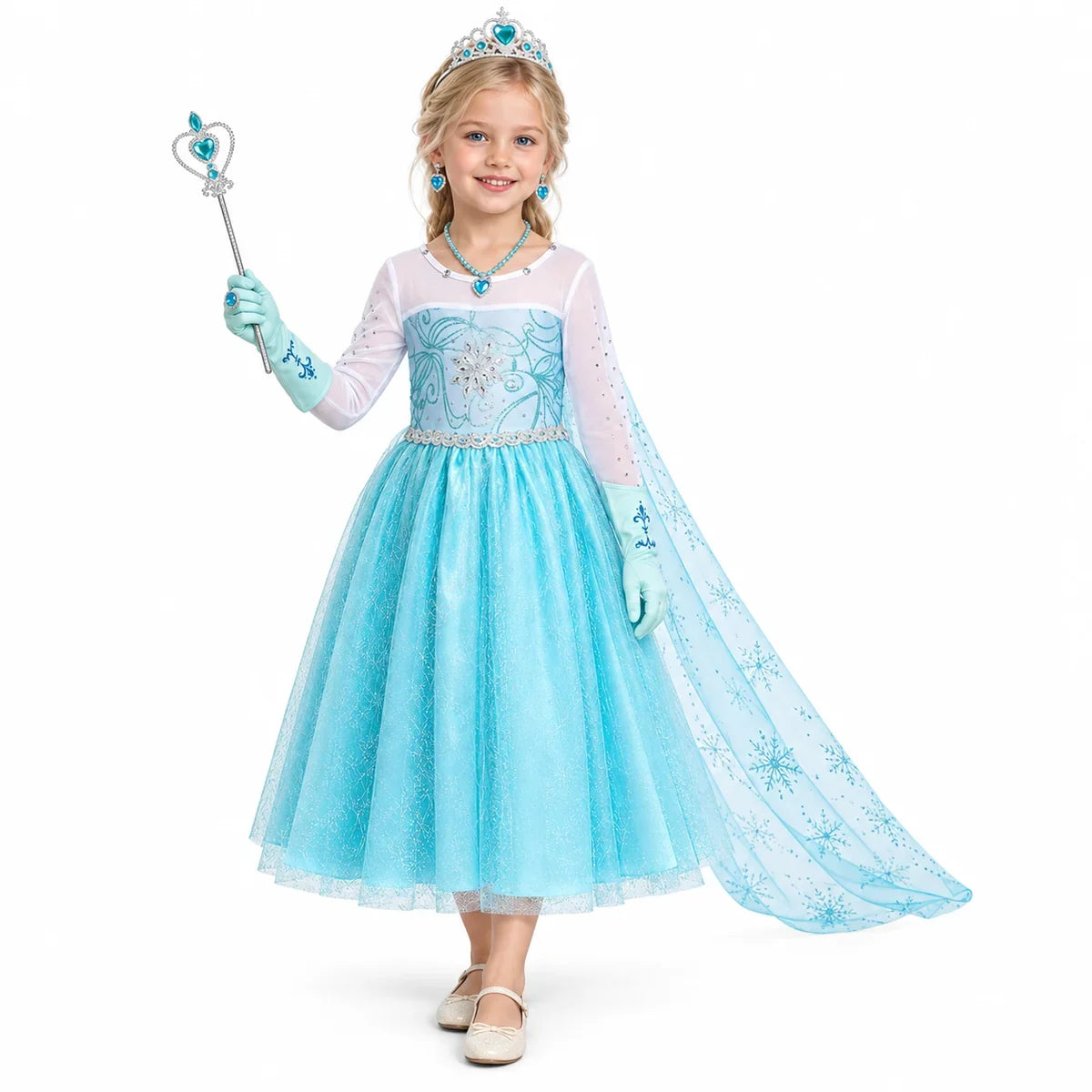 AI-generated image of a fictional model wearing Kids Ice Princess Costume Dress with Cape and Accessories – Frozen Style on a white studio background.