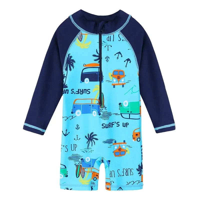 Long-sleeved swimsuit for boys aged 1 month to 6 years, blue with a stroller design, UPF 50+ UV protection. Kids UV clothing.